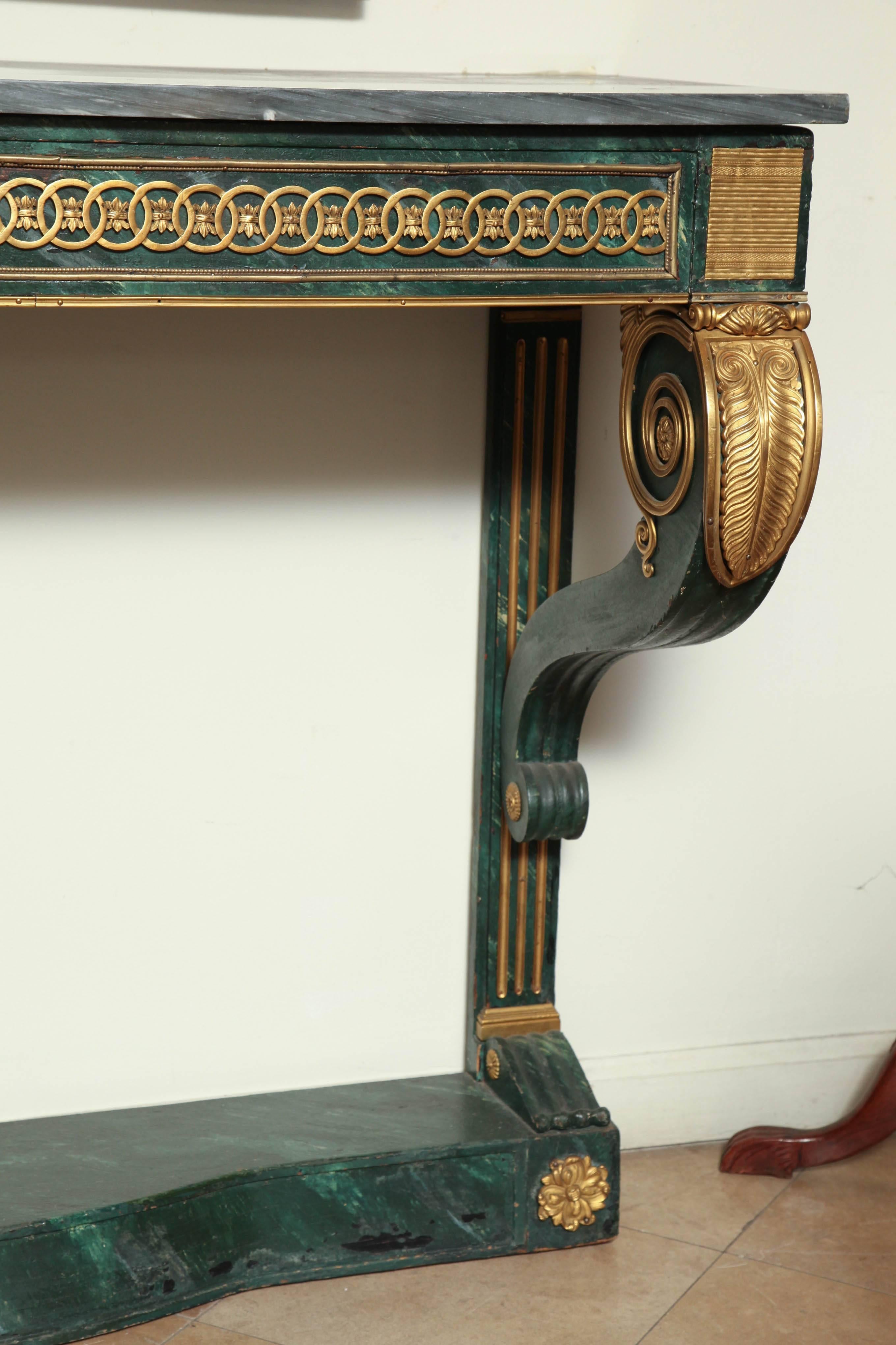 Louis XVI wall-mounted console on a faux green marble platform base with bronze mounts.