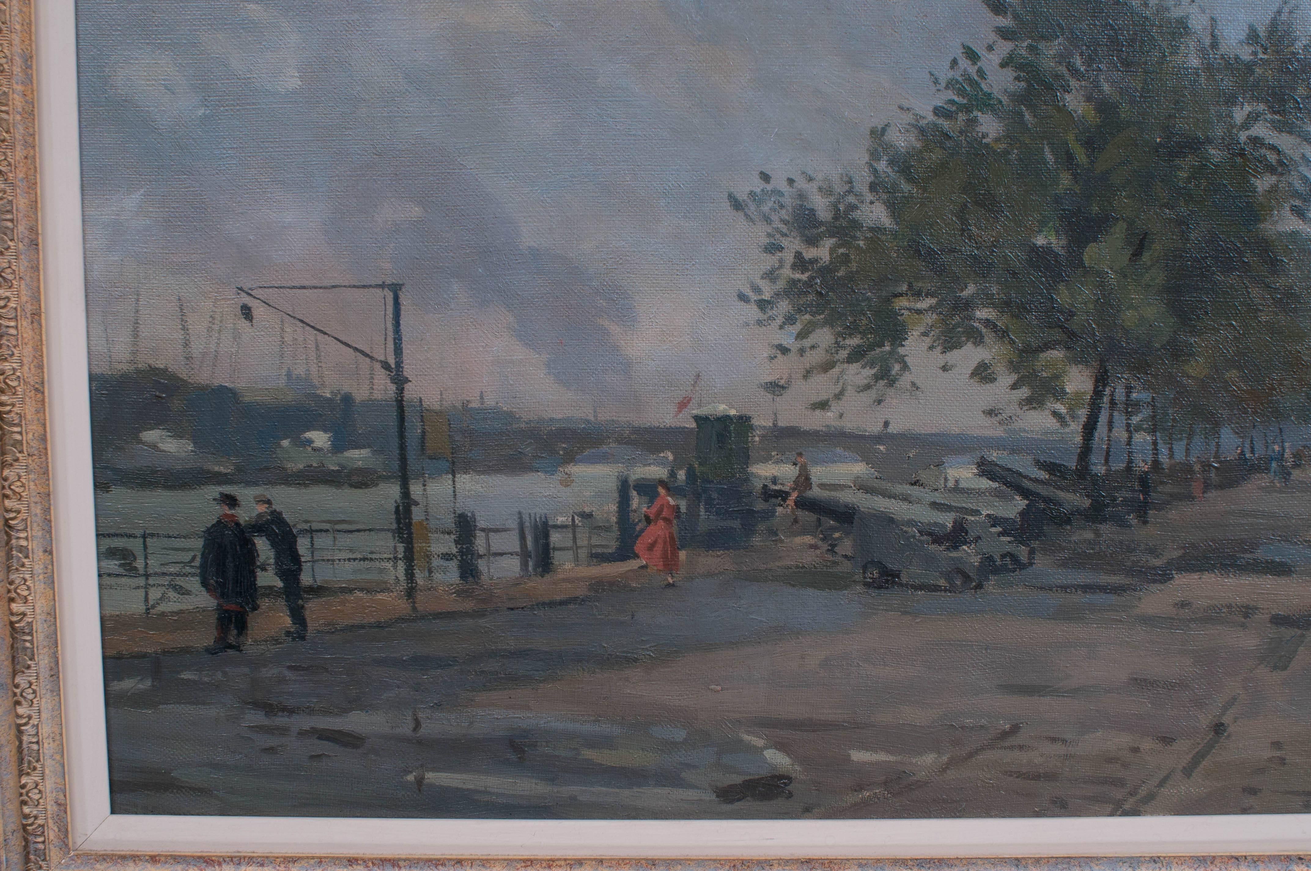 Oil on Canvas Thames Embankment 1948; Donald Chisholm Towner In Excellent Condition In Alexandria, VA