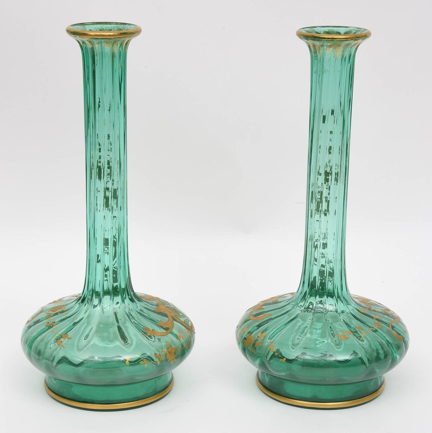 Pair Of 19th Century Moser Gilt Encrusted Green Glass Vases For Sale At 1stdibs