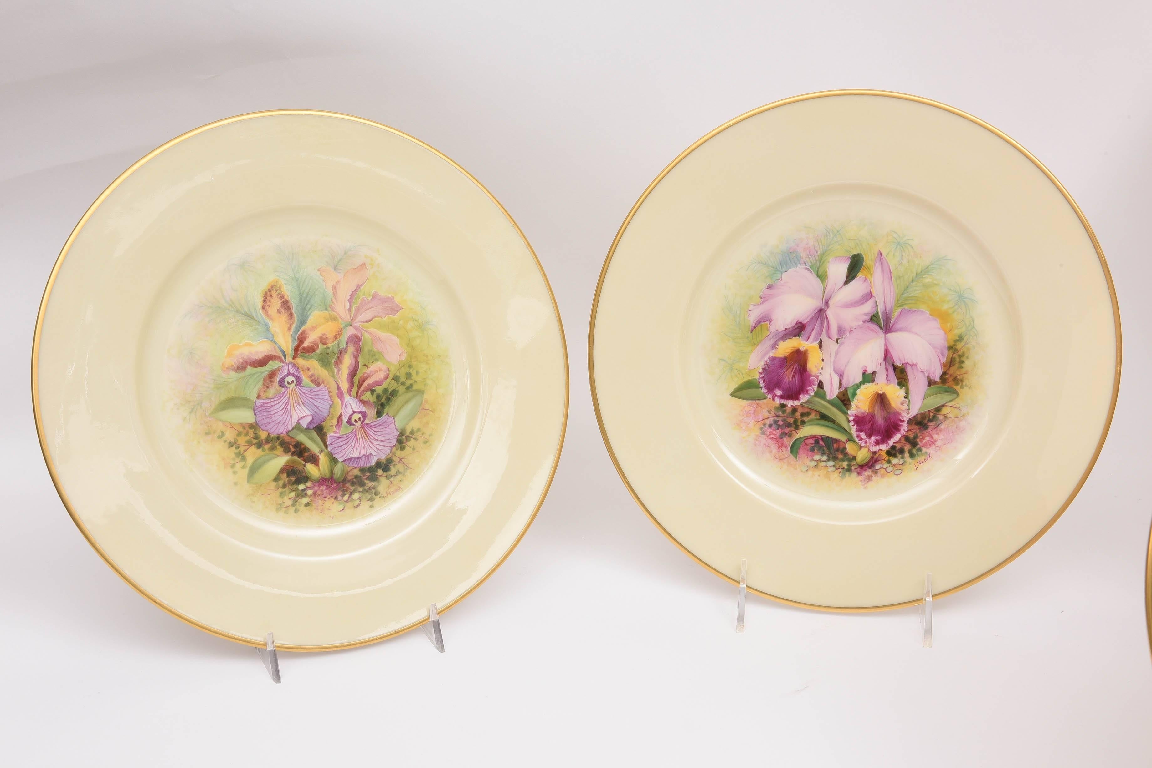 American 12 Exquisite Hand Painted Orchid Plates, Artist Signed 