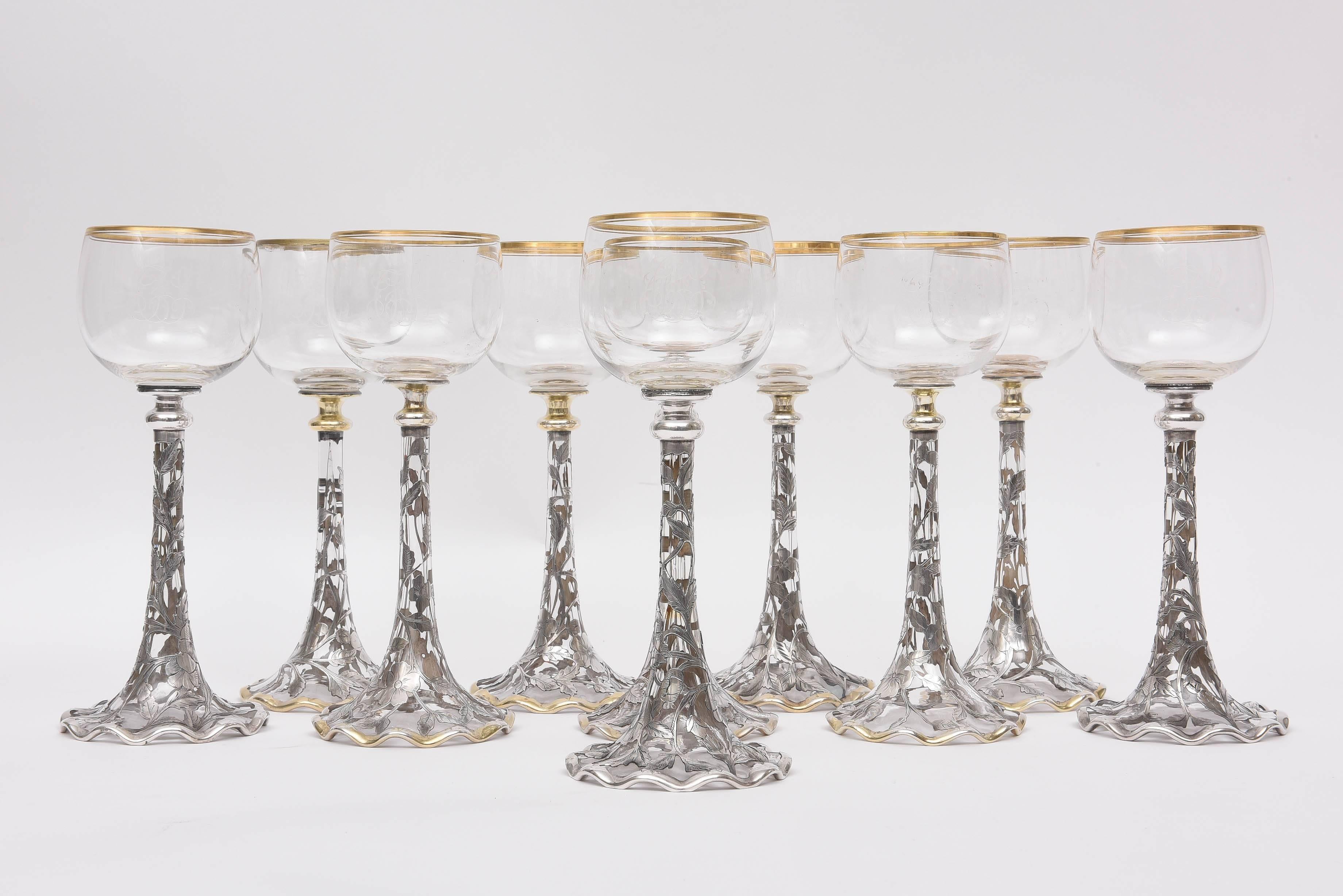 Art Nouveau 10 Exquisite Sterling Overlay and Crystal Goblets, Gorham