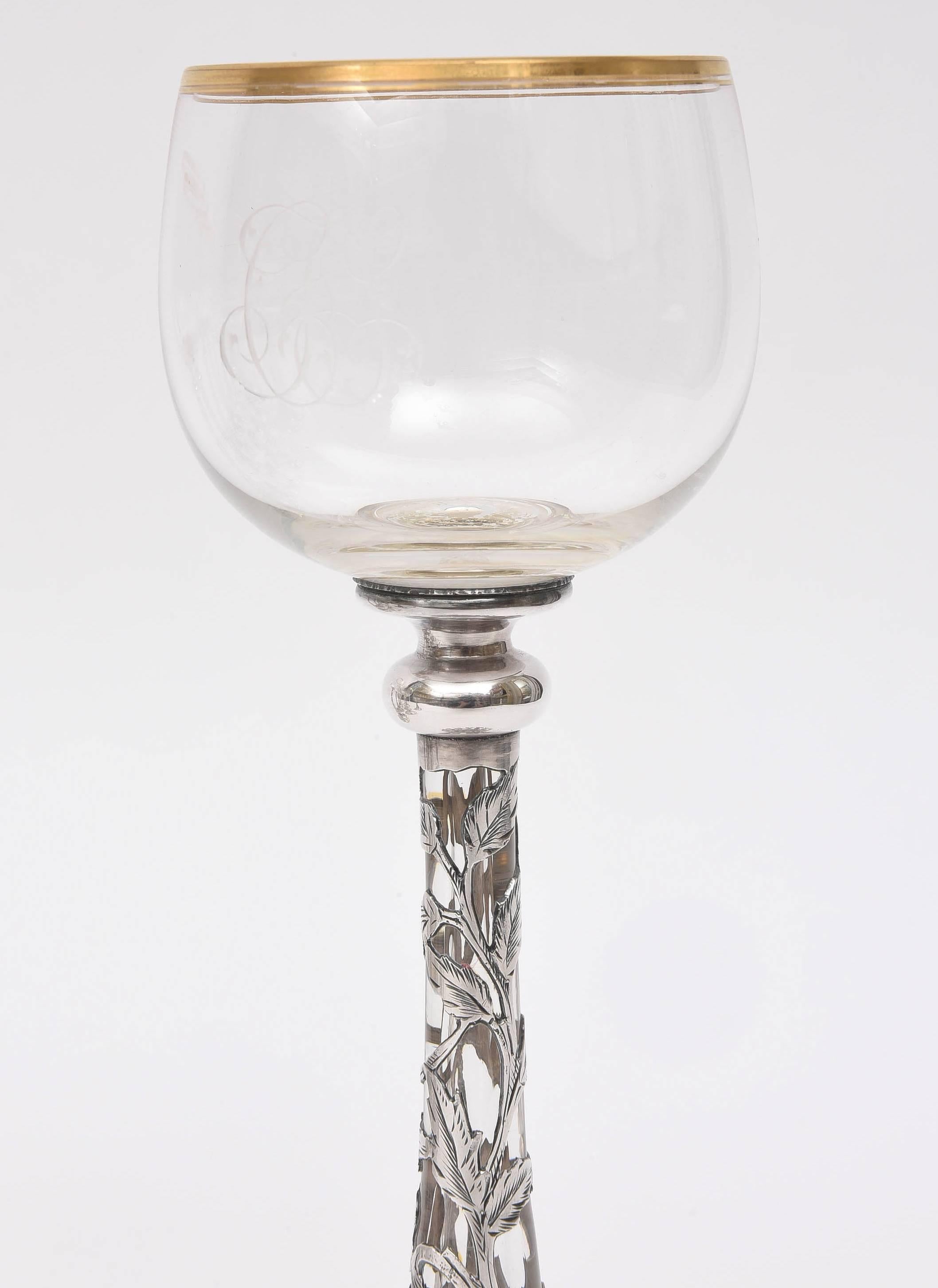 American 10 Exquisite Sterling Overlay and Crystal Goblets, Gorham
