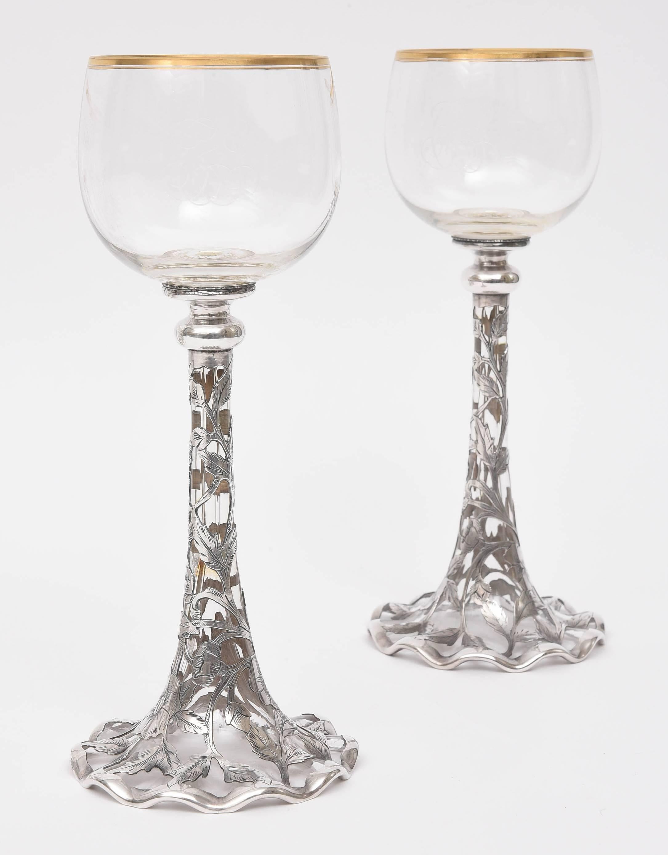10 Exquisite Sterling Overlay and Crystal Goblets, Gorham In Good Condition In West Palm Beach, FL