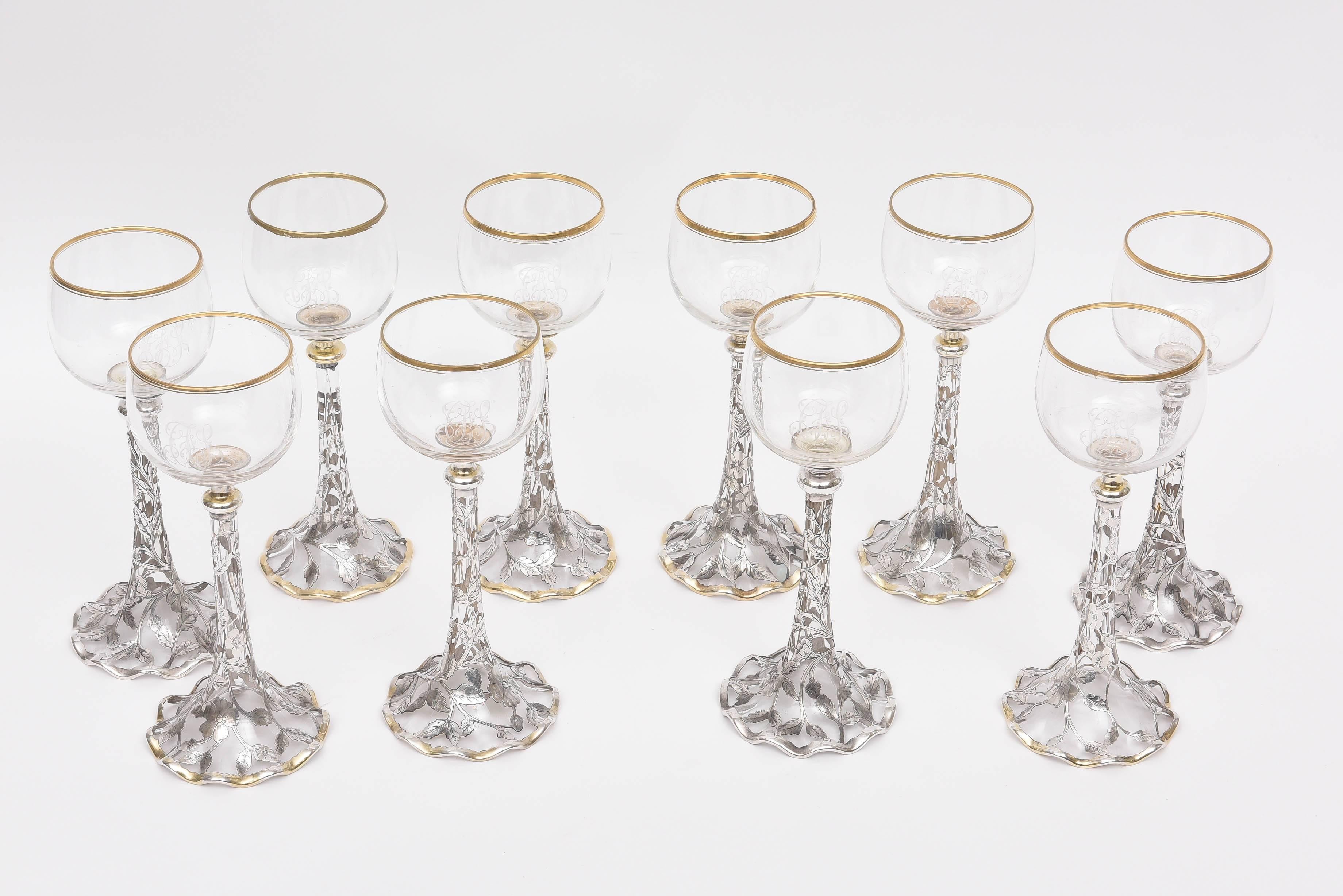 Late 19th Century 10 Exquisite Sterling Overlay and Crystal Goblets, Gorham