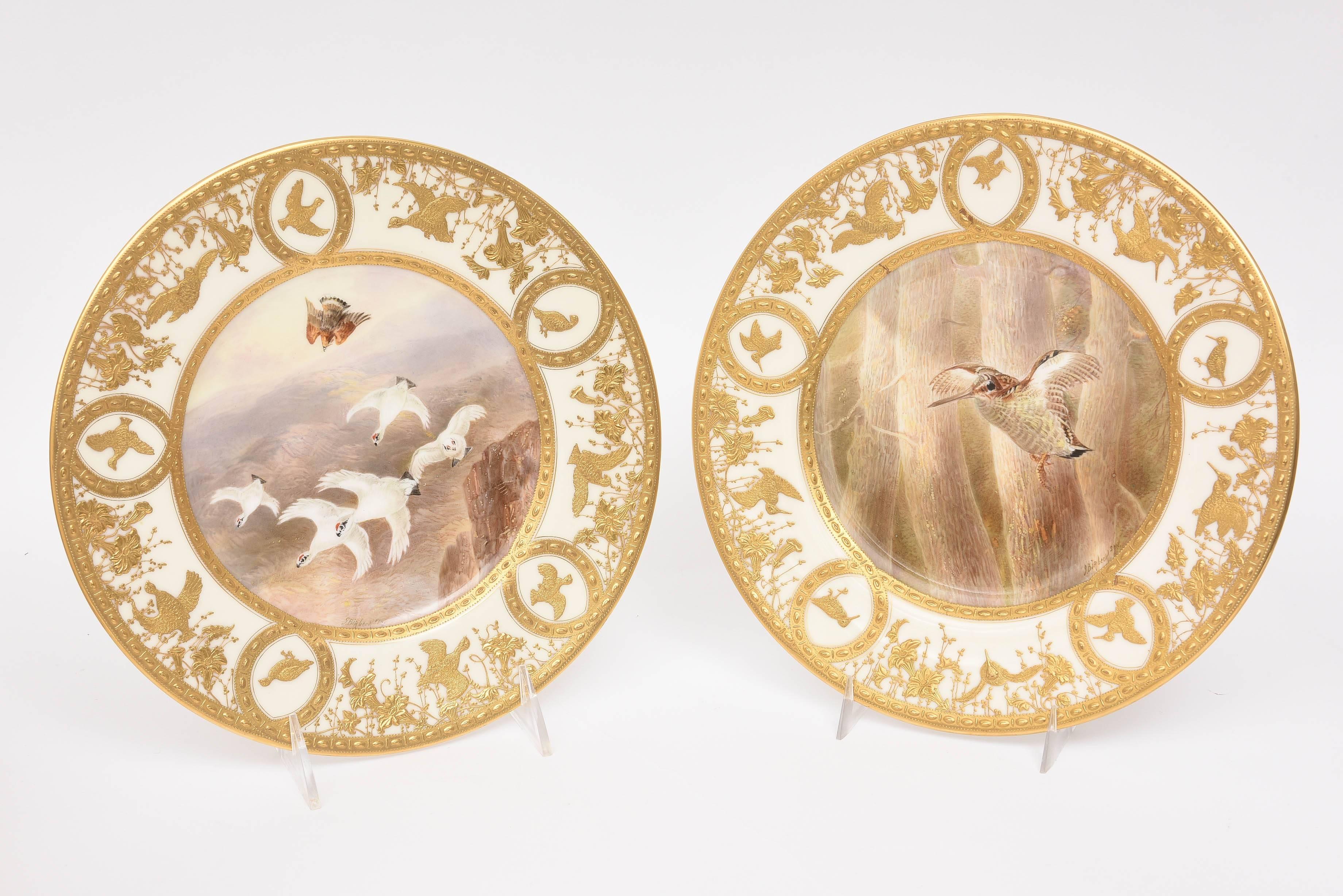 12 Custom Heavily Gilt Encrusted Game Bird Plates, Antique English In Good Condition In West Palm Beach, FL