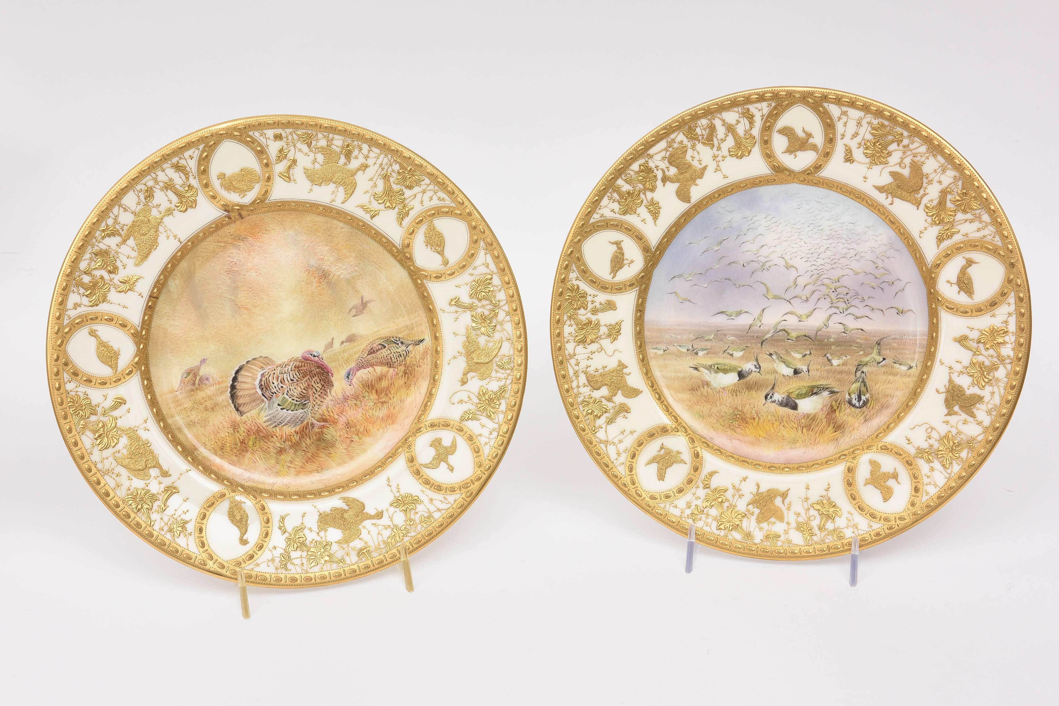 Gold 12 Custom Heavily Gilt Encrusted Game Bird Plates, Antique English