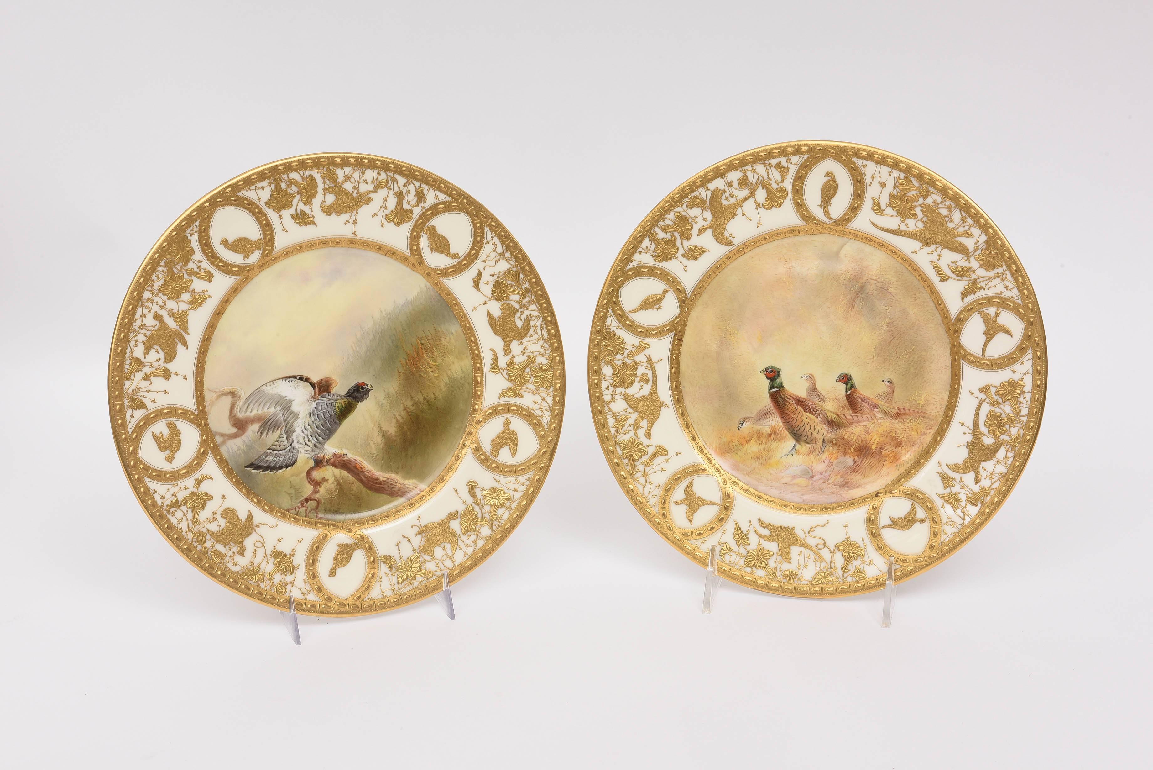 12 Custom Heavily Gilt Encrusted Game Bird Plates, Antique English 3