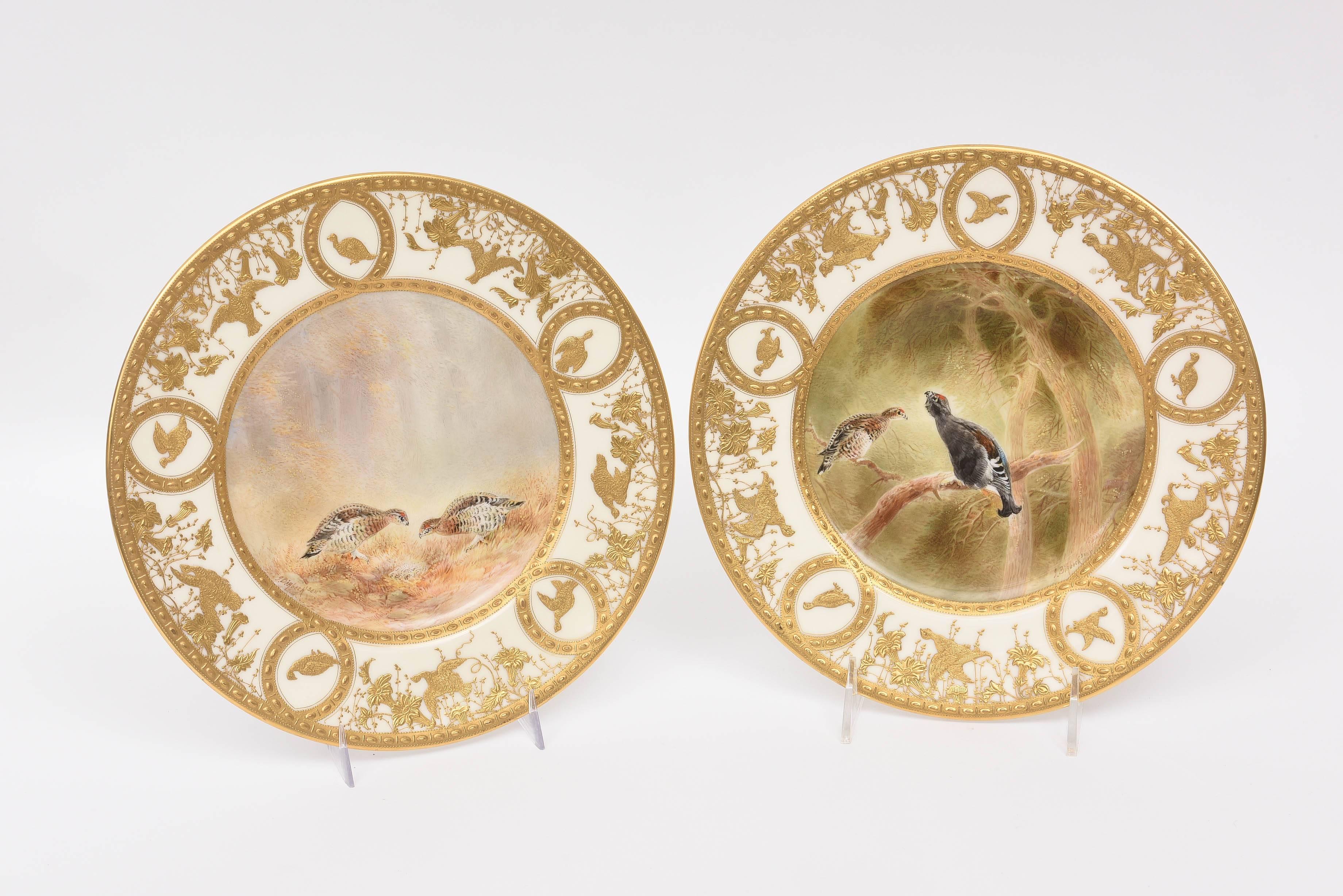 12 Custom Heavily Gilt Encrusted Game Bird Plates, Antique English 4