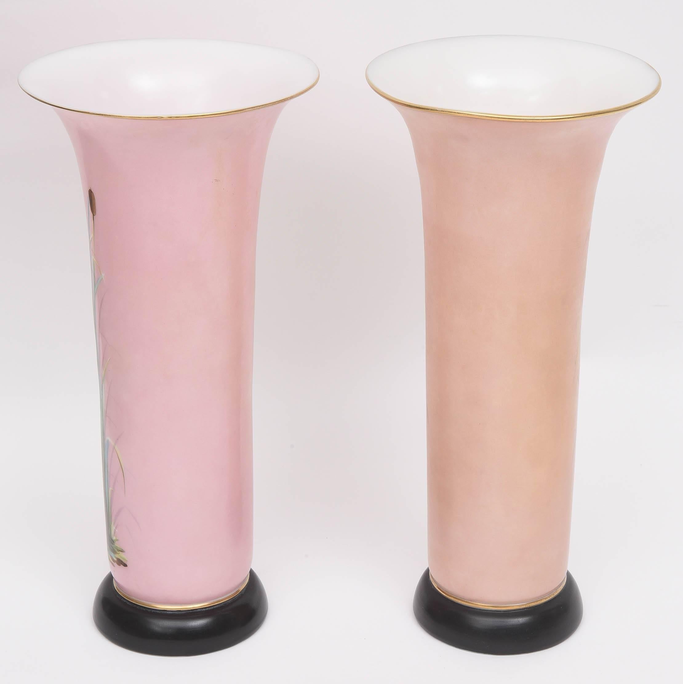 Aesthetic Movement Pair 19th Century French Opaline Hand Painted Glass Vases, Attributed Baccarat