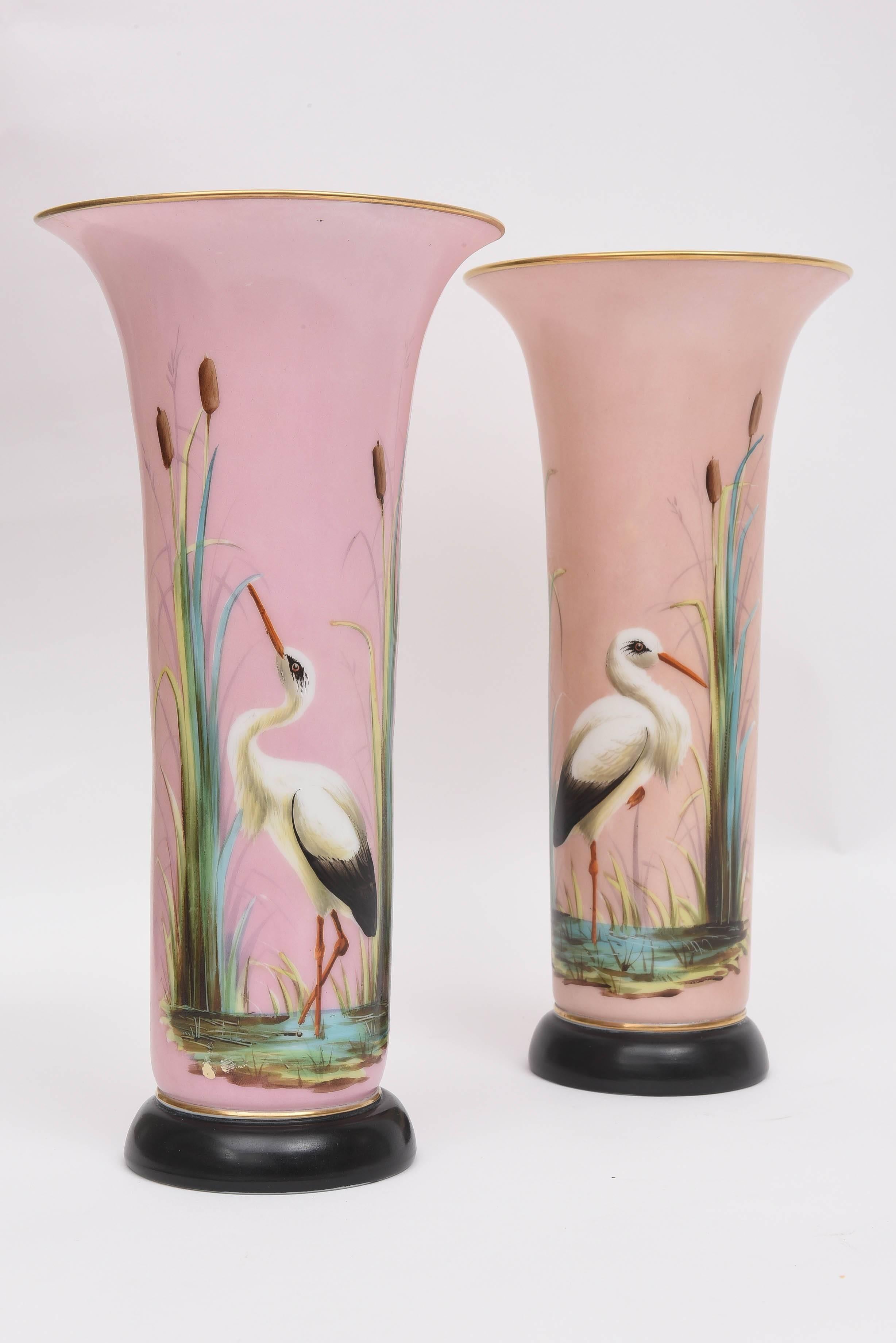 Pair 19th Century French Opaline Hand Painted Glass Vases, Attributed Baccarat In Good Condition In West Palm Beach, FL