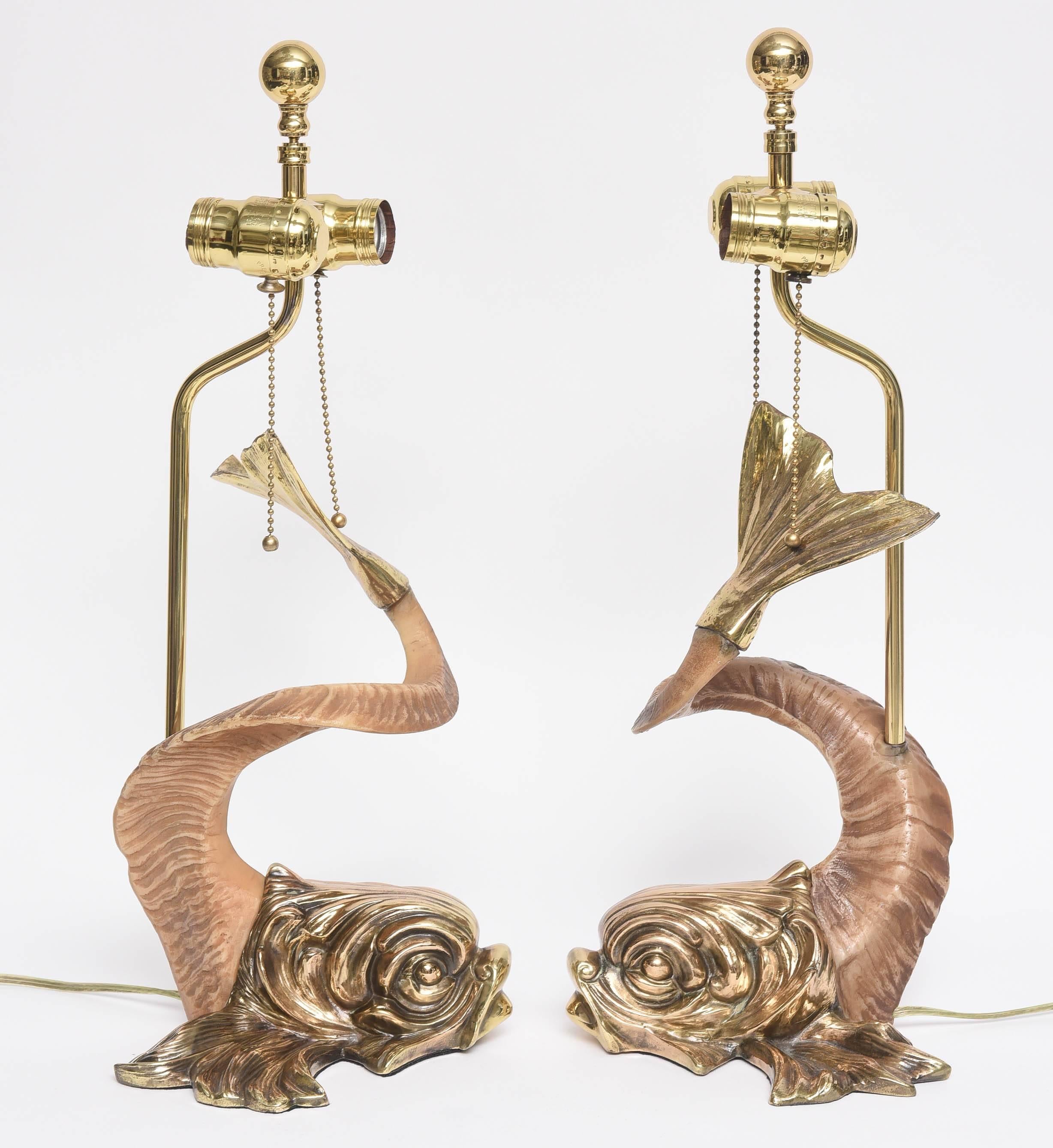 American Pair of Hollywood-Regency Style Brass and Horn Dolphin Table Lamps by Chapman