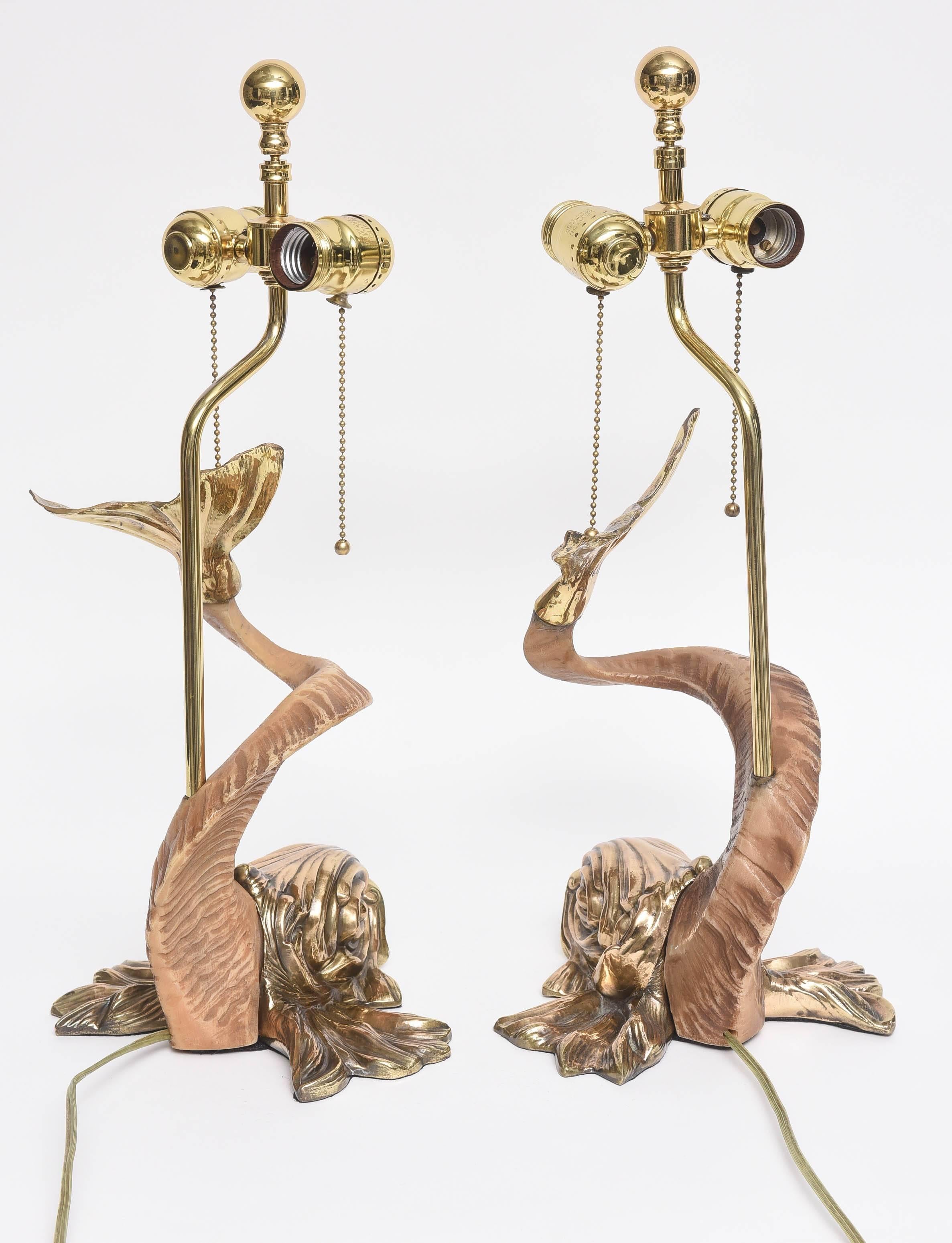 Cast Pair of Hollywood-Regency Style Brass and Horn Dolphin Table Lamps by Chapman
