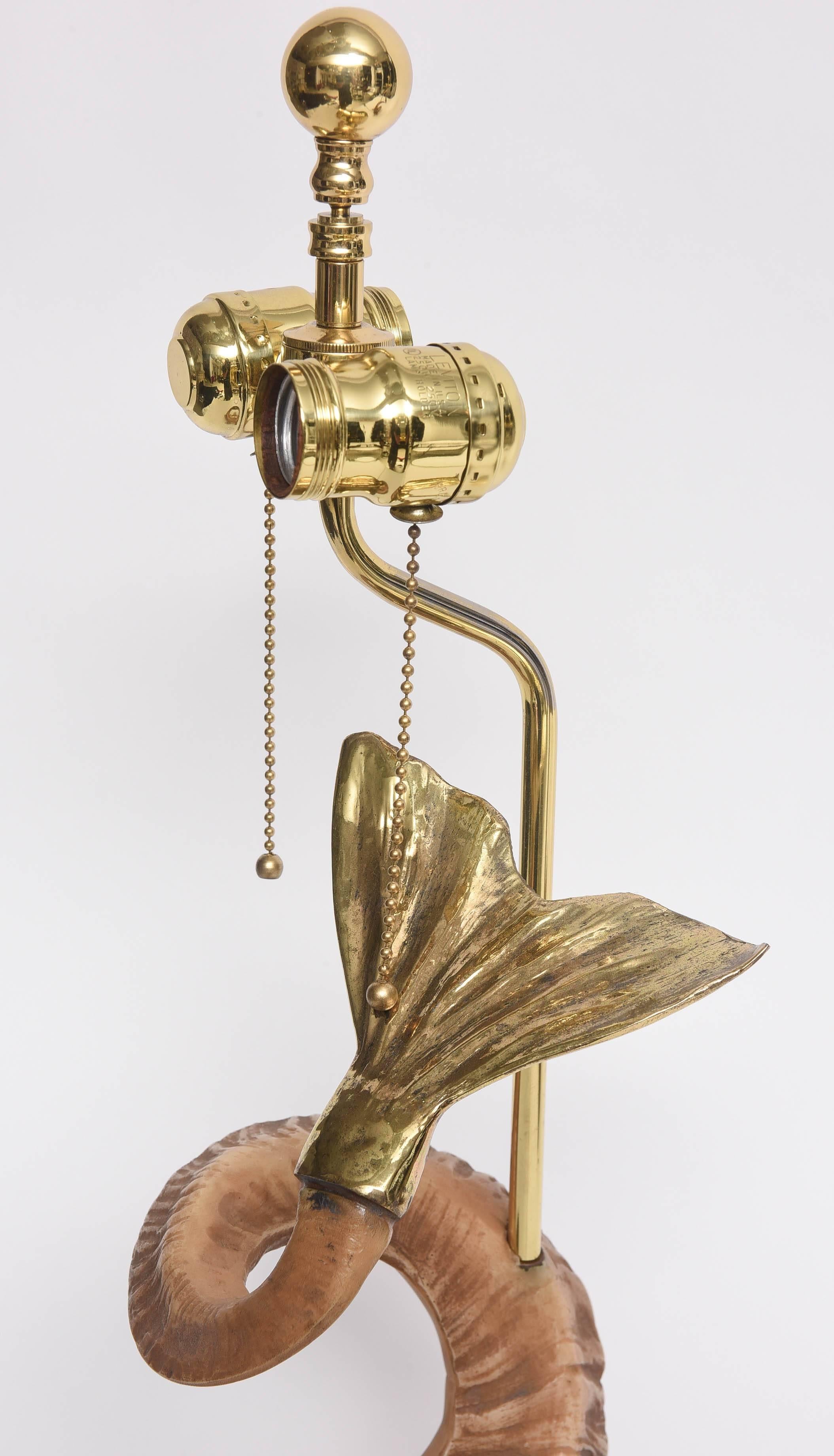 20th Century Pair of Hollywood-Regency Style Brass and Horn Dolphin Table Lamps by Chapman