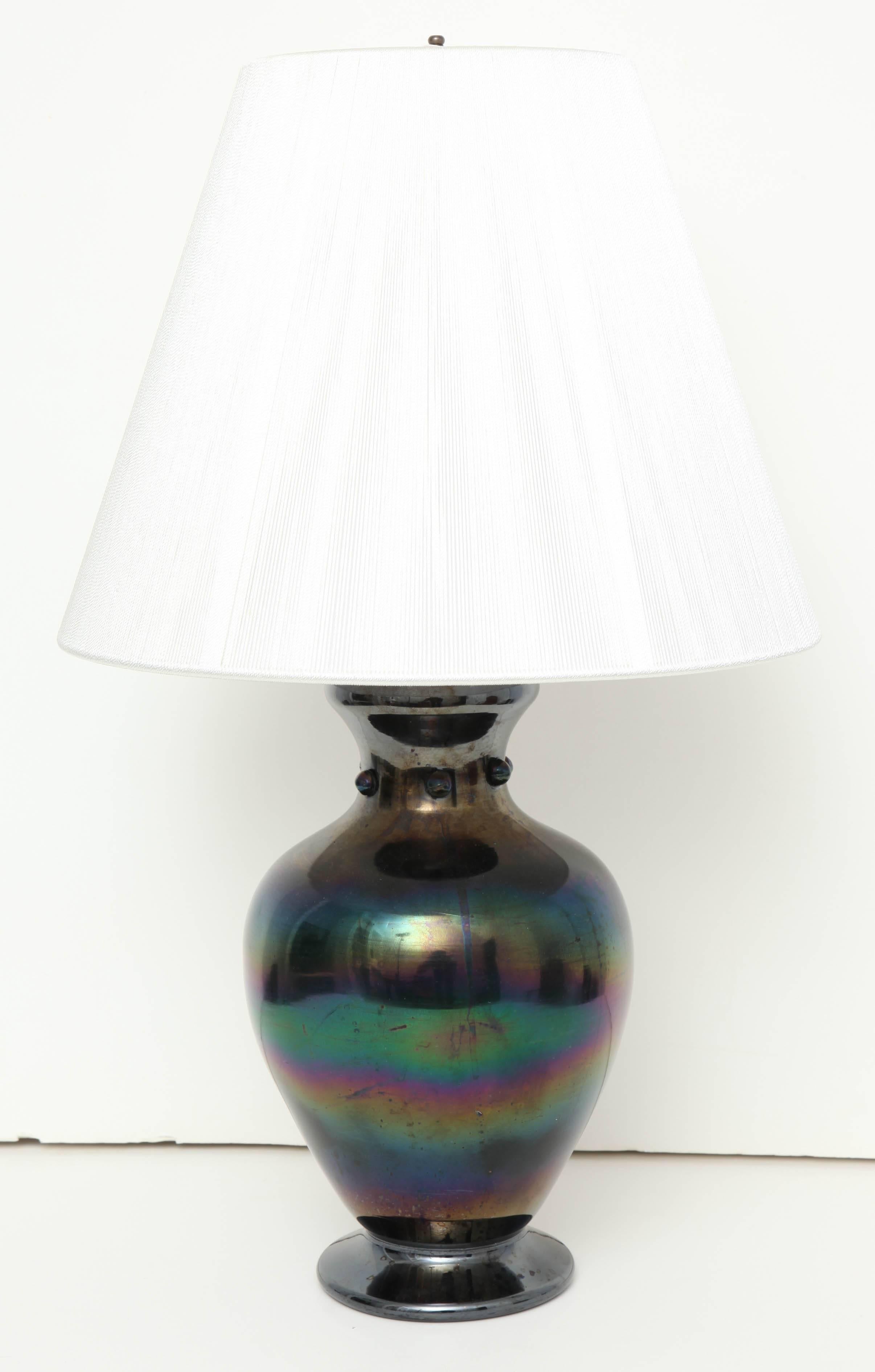 A 19th century English iridescent glass vase marked on the underside Webb's Patent JT H.R. now mounted as a lamp.