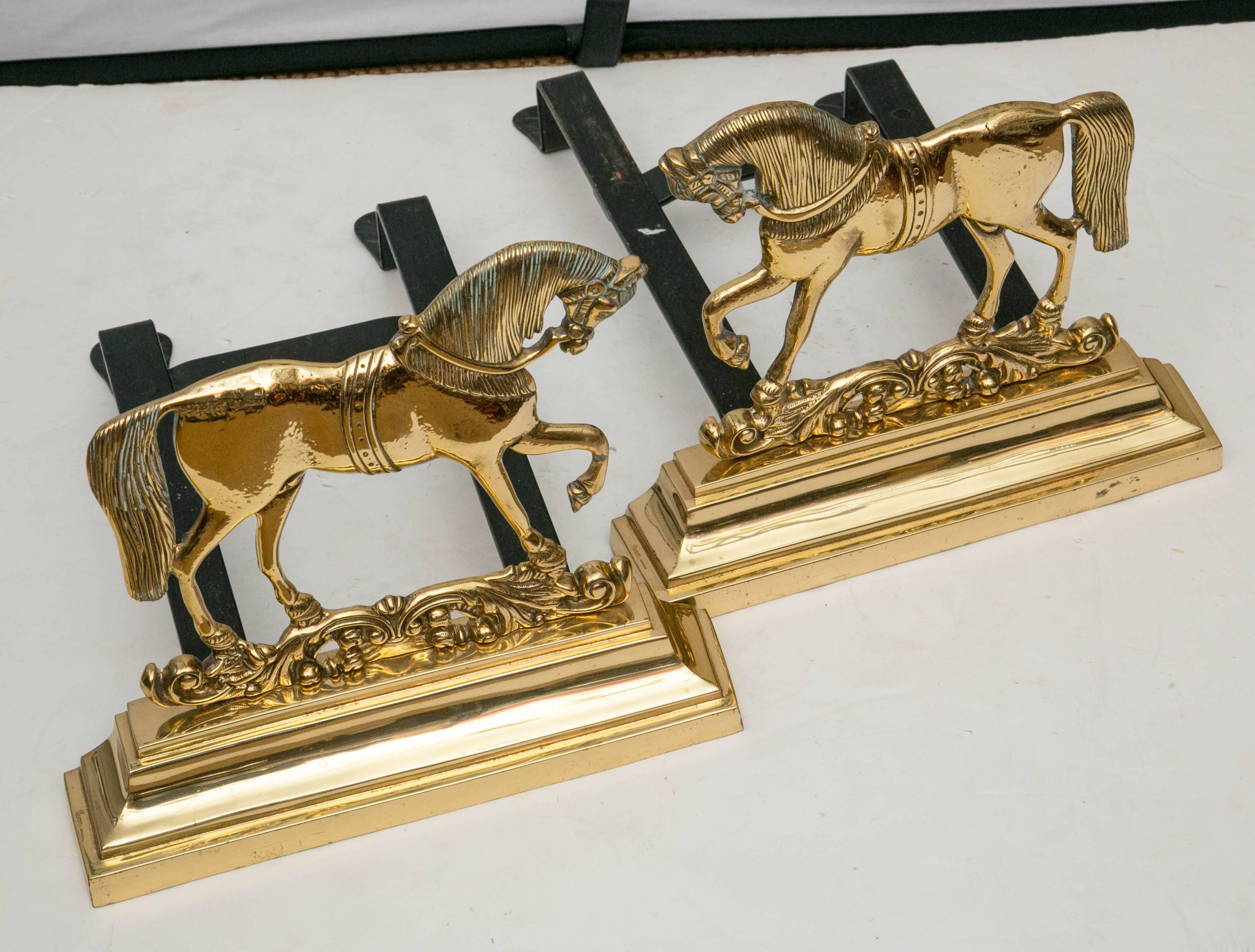 Spanish Solid Cast Brass Prancing Stalion Andirons For Sale