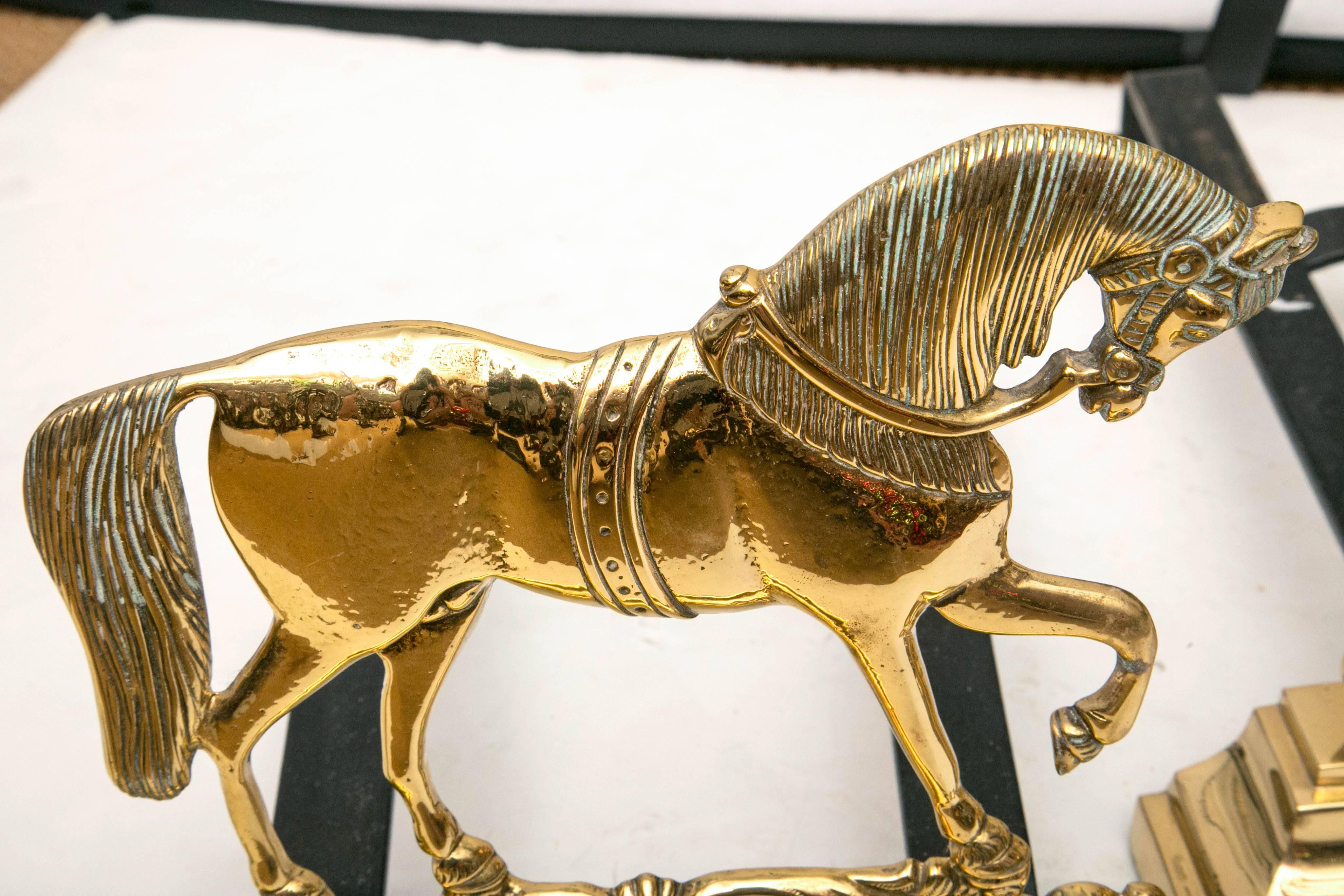 Solid Cast Brass Prancing Stalion Andirons In Excellent Condition For Sale In Mt Kisco, NY