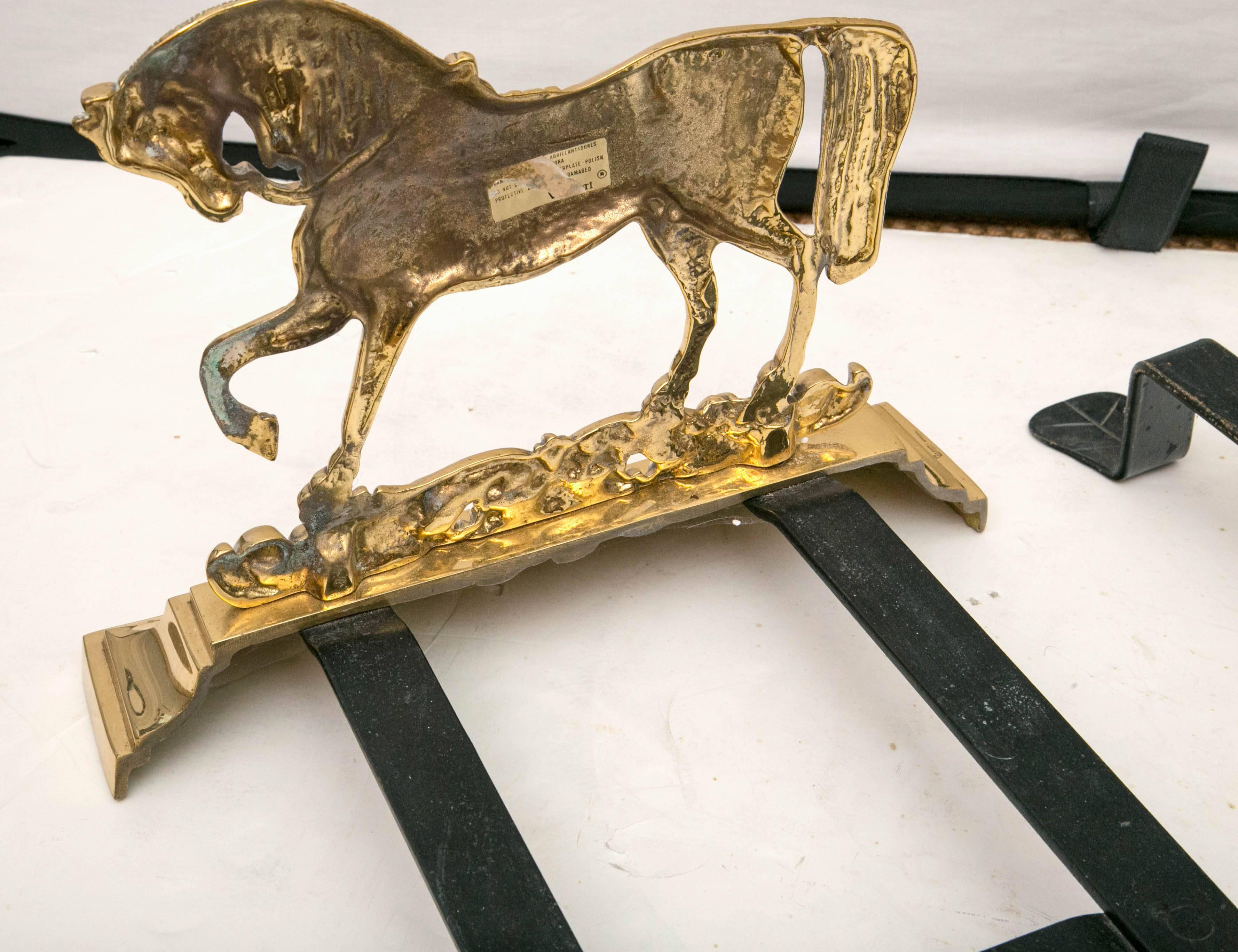 Solid Cast Brass Prancing Stalion Andirons For Sale 1