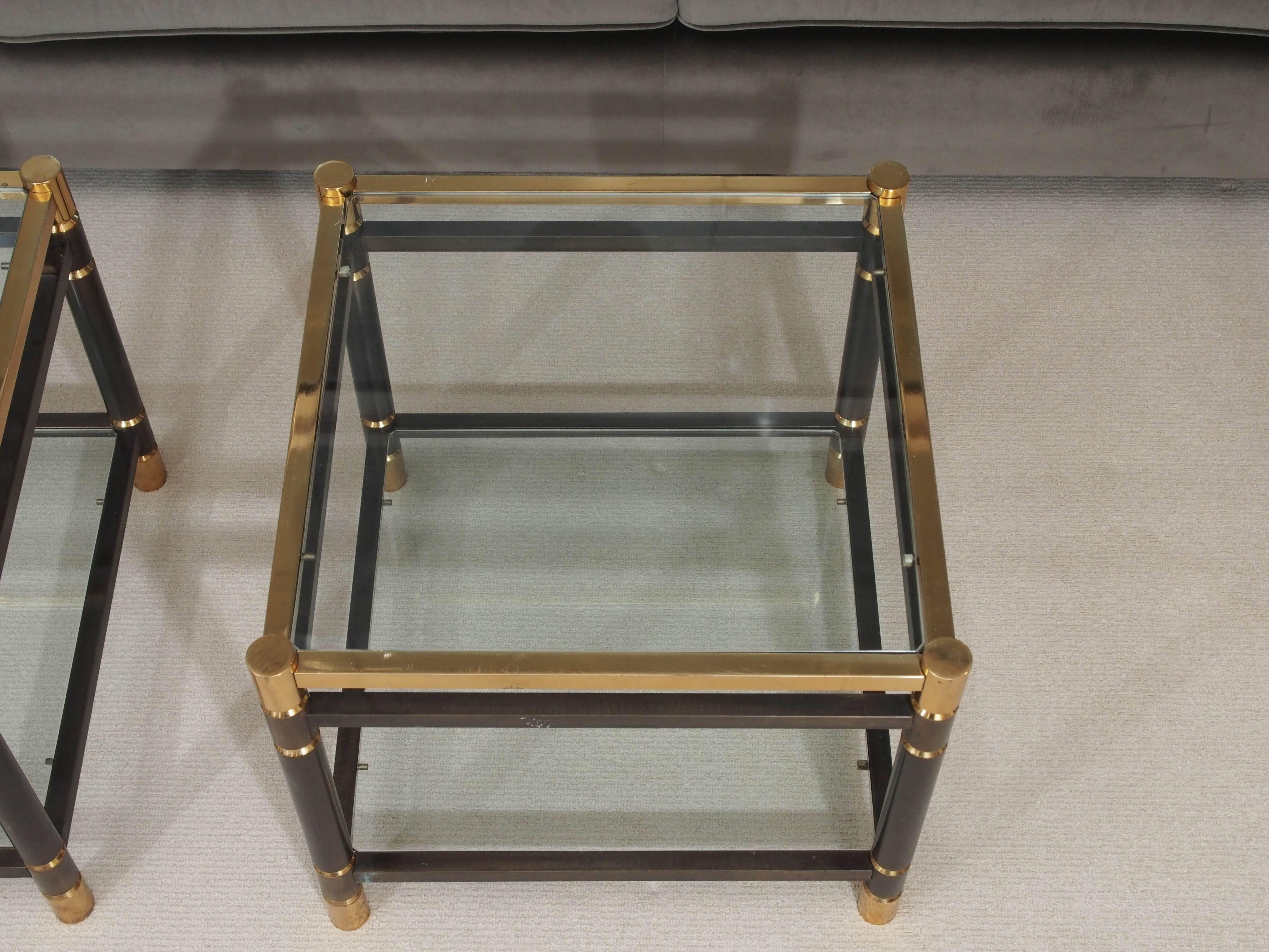Modern Pair of 1970s Side Tables or End Tables in Steel and Golden Plate For Sale