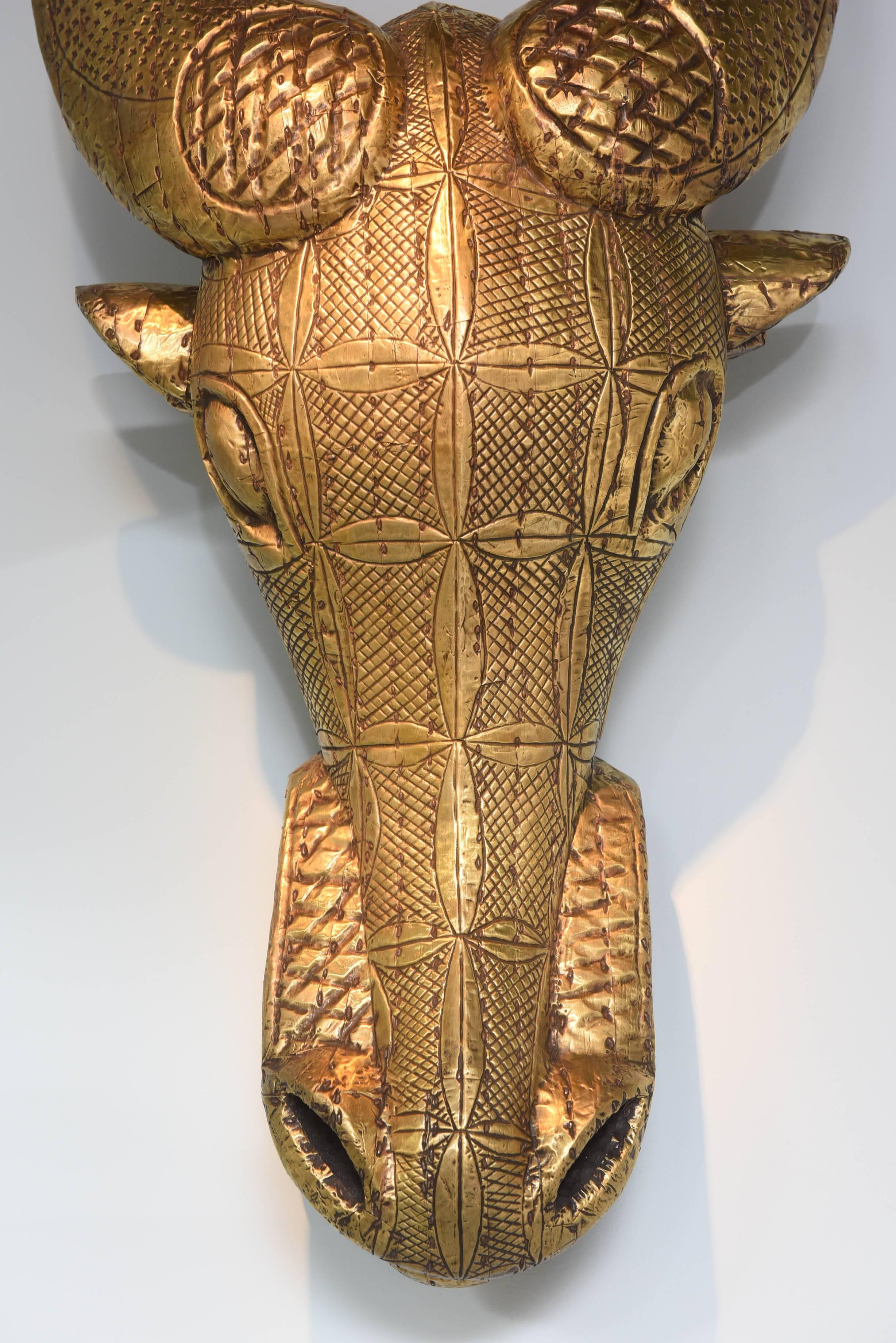 Mid-Century Modern Wall Sculpture, Gold, Huge, Animal Head, Woodcarving from Cameroon, Good Luck