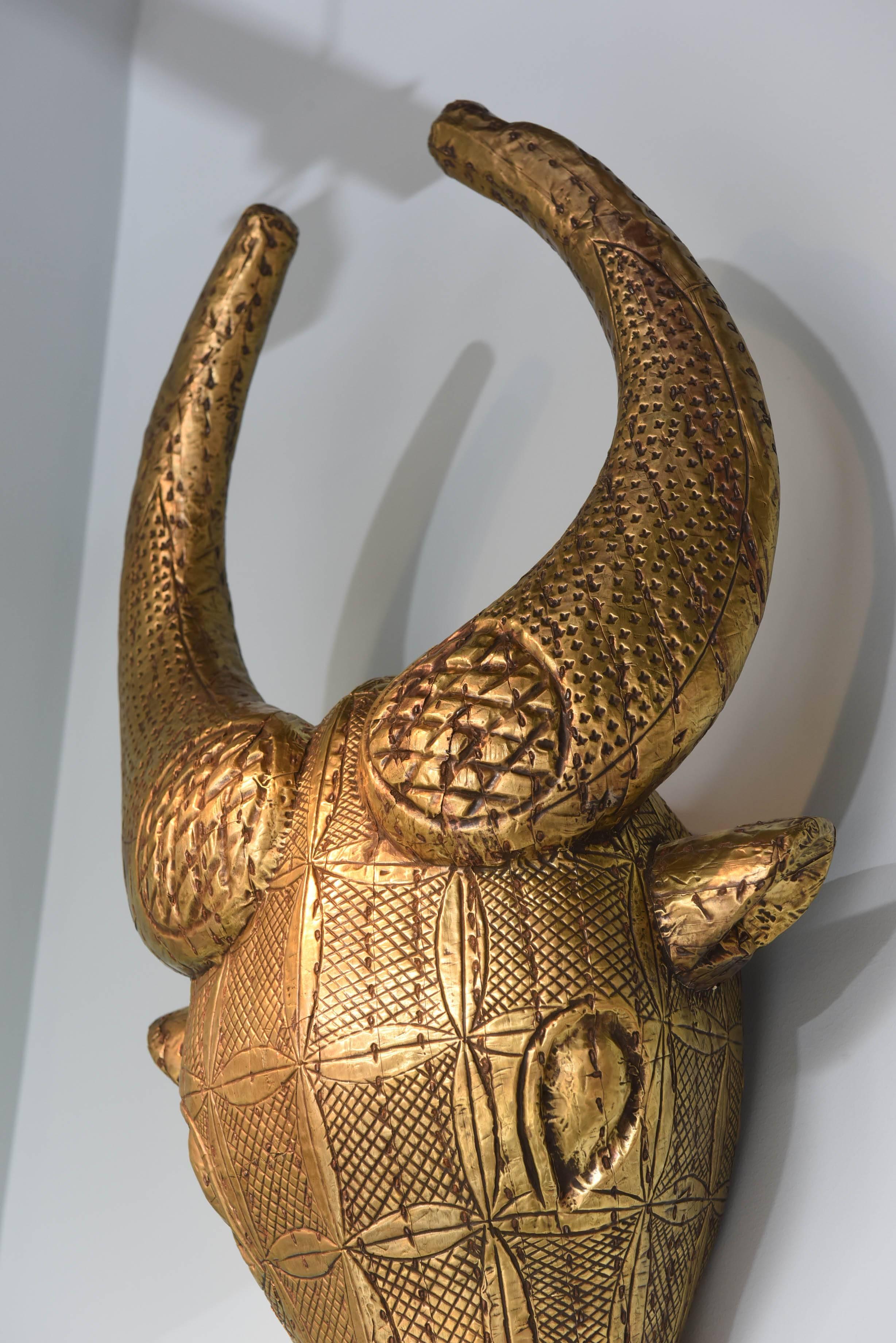 African Wall Sculpture, Gold, Huge, Animal Head, Woodcarving from Cameroon, Good Luck