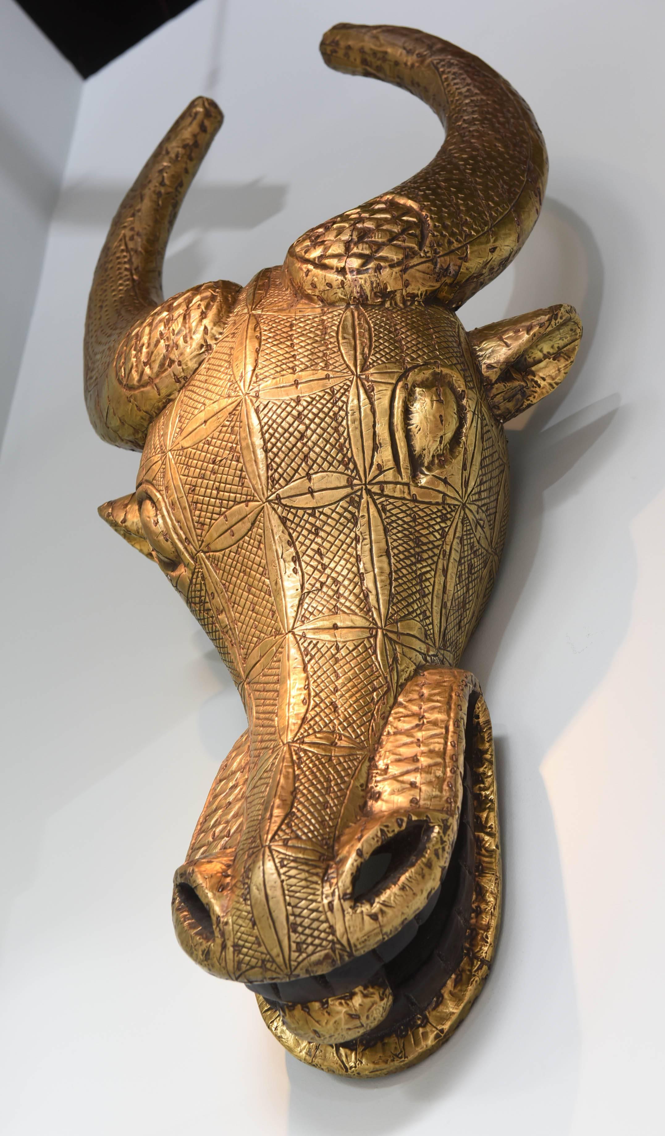 Wall Sculpture, Gold, Huge, Animal Head, Woodcarving from Cameroon, Good Luck 2