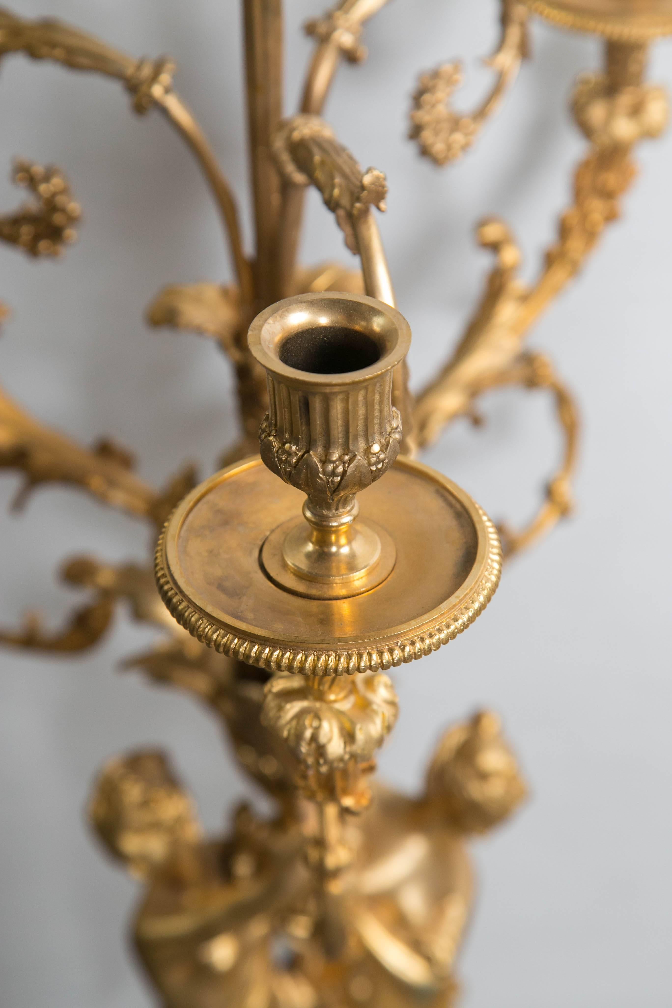 Pair of Gilt Bronze and Marble Three-Light Candelabra In Excellent Condition For Sale In Woodbury, CT