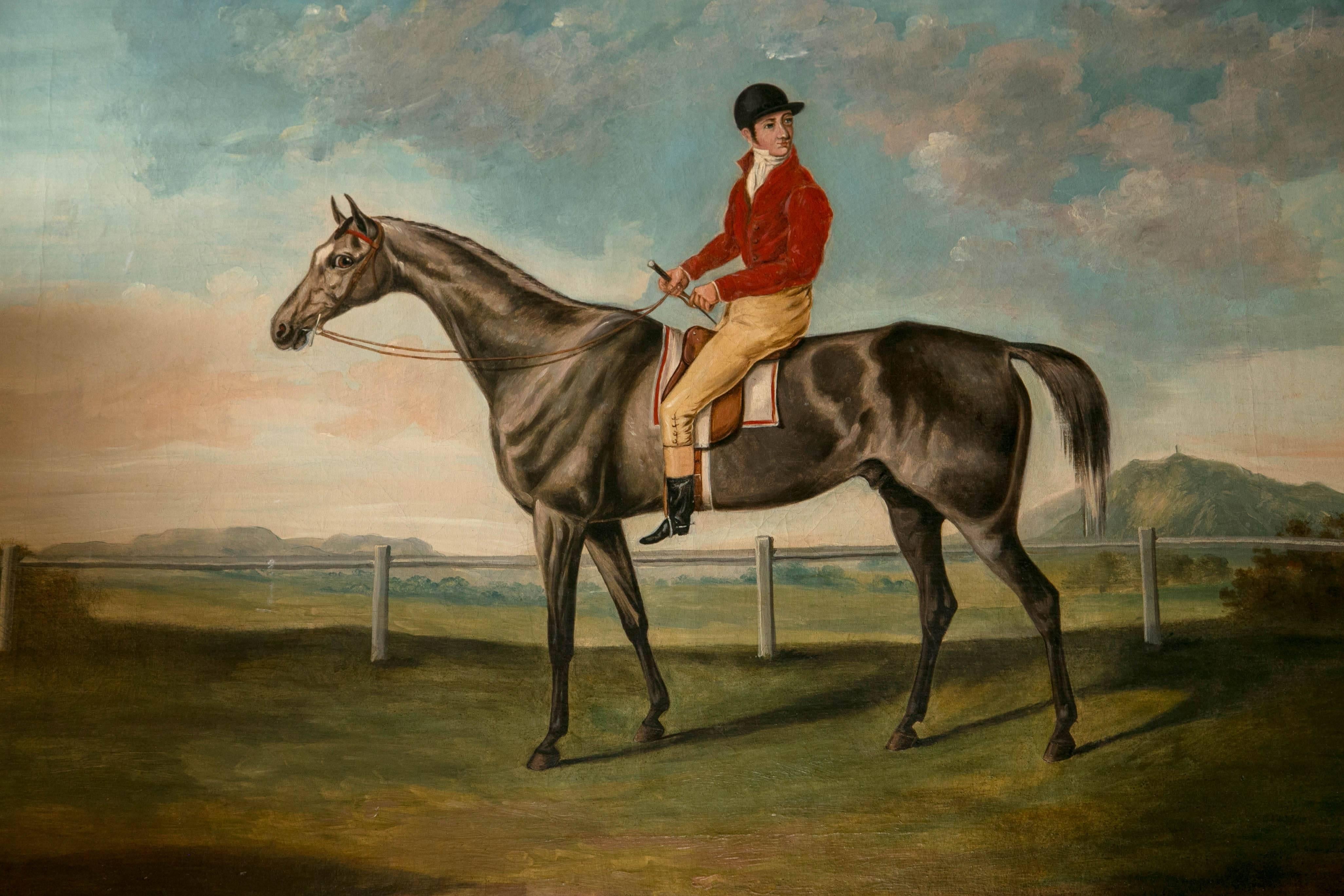 Hand-Painted 19th Century Horse and Jockey Oil on Canvas