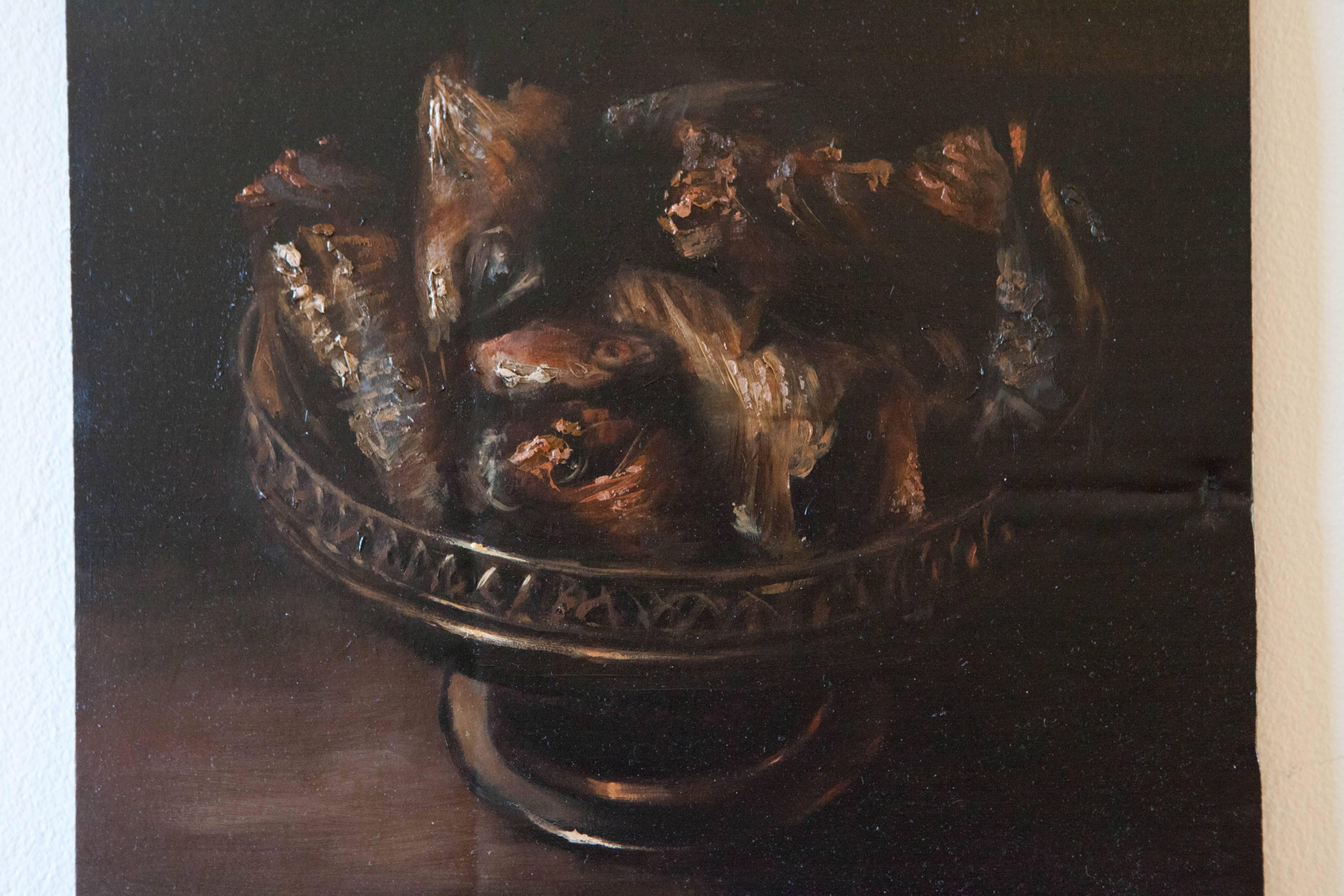 Aka 'fish-heads in a pewter bowl,' this study on cardboard is one of our favorite examples from one of our favorite contemporary Spanish painters.
Bio available on request.