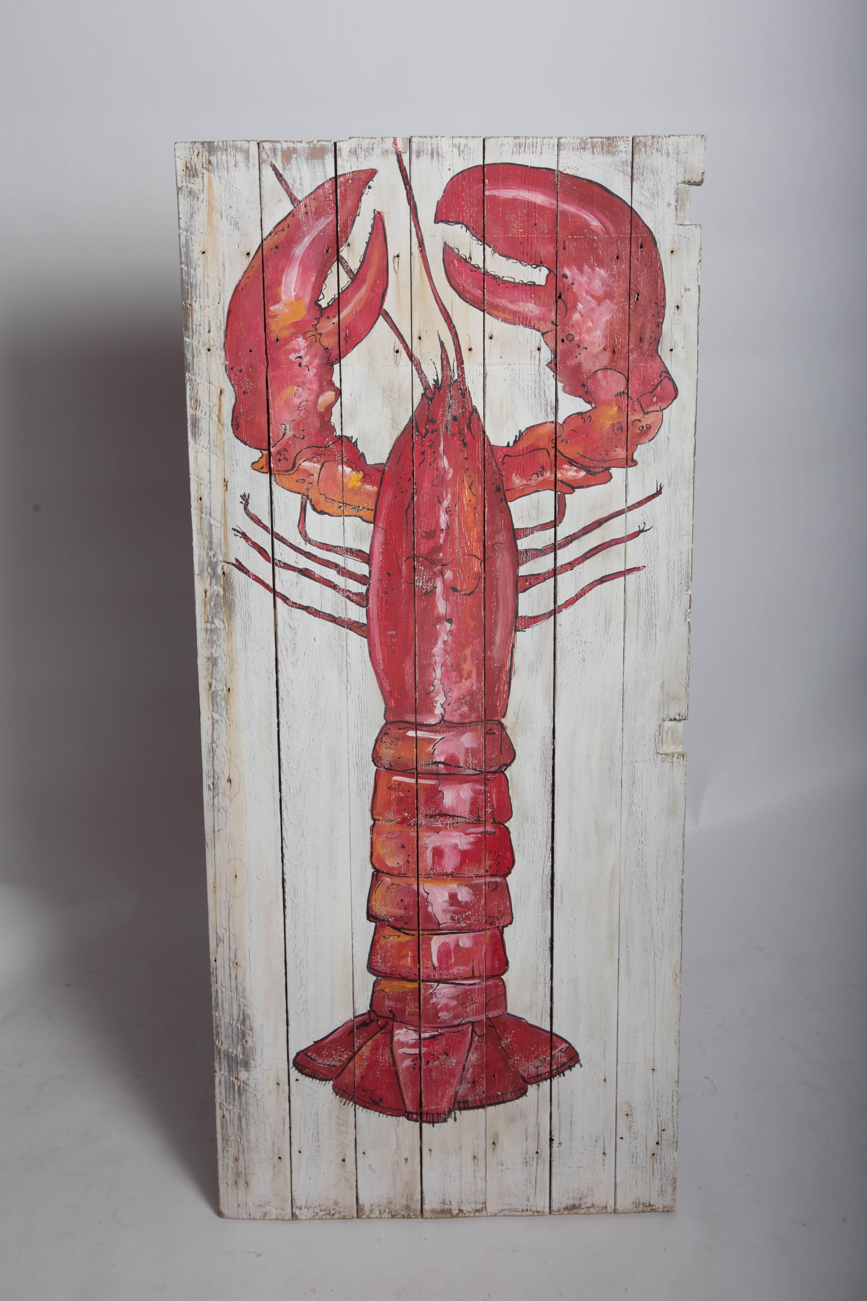 Contemporary Folk Art painted door with a large lobster theme by Midcoast Maine artist.