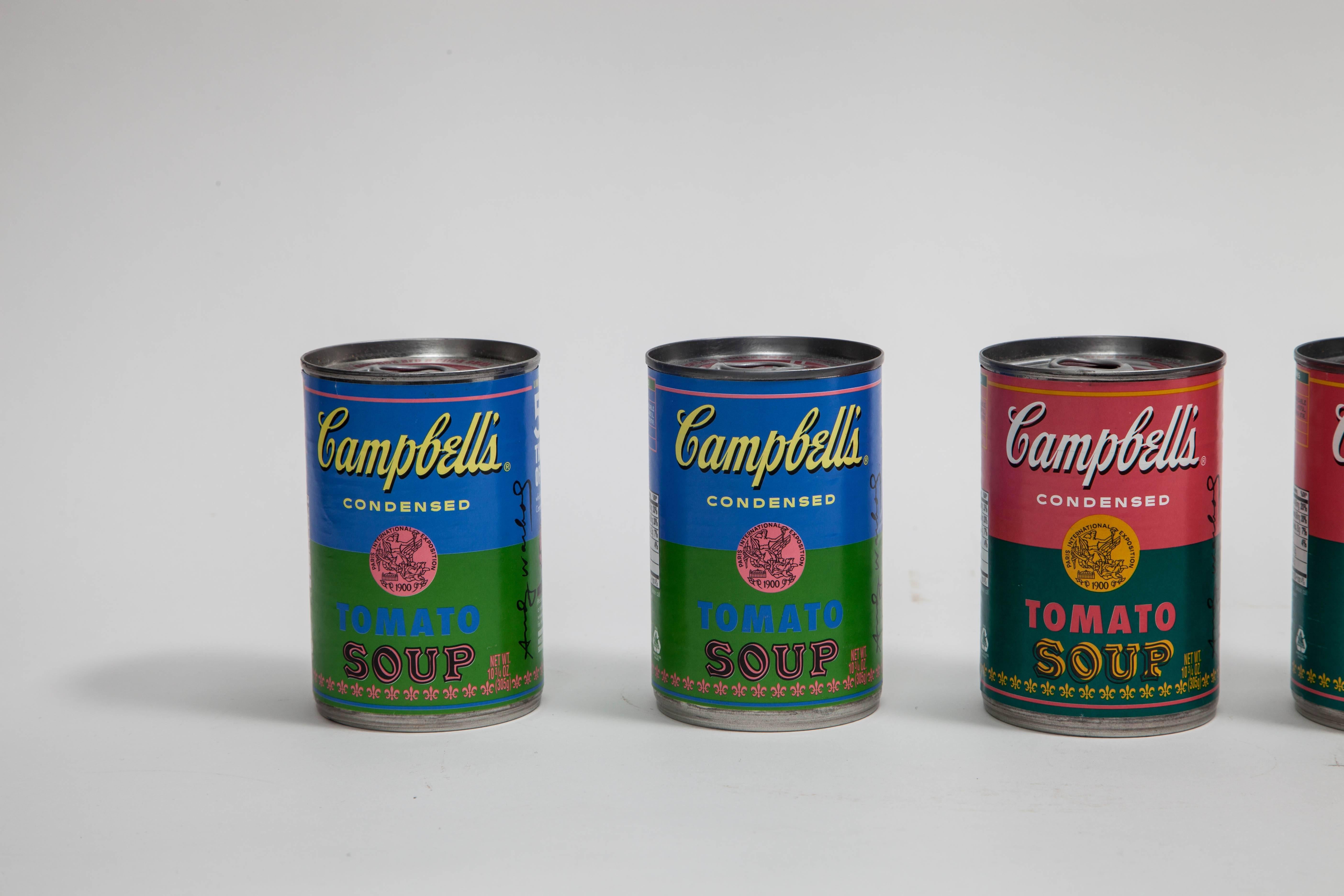 After Andy Warhol Campbell's soup cans 50th anniversary limited edition USA, 2012. Set of four limited edition Pop Art soup cans, commemorating the 50th anniversary of Andy Warhol's first soup can paintings in 1962. Authorized by the Andy Warhol