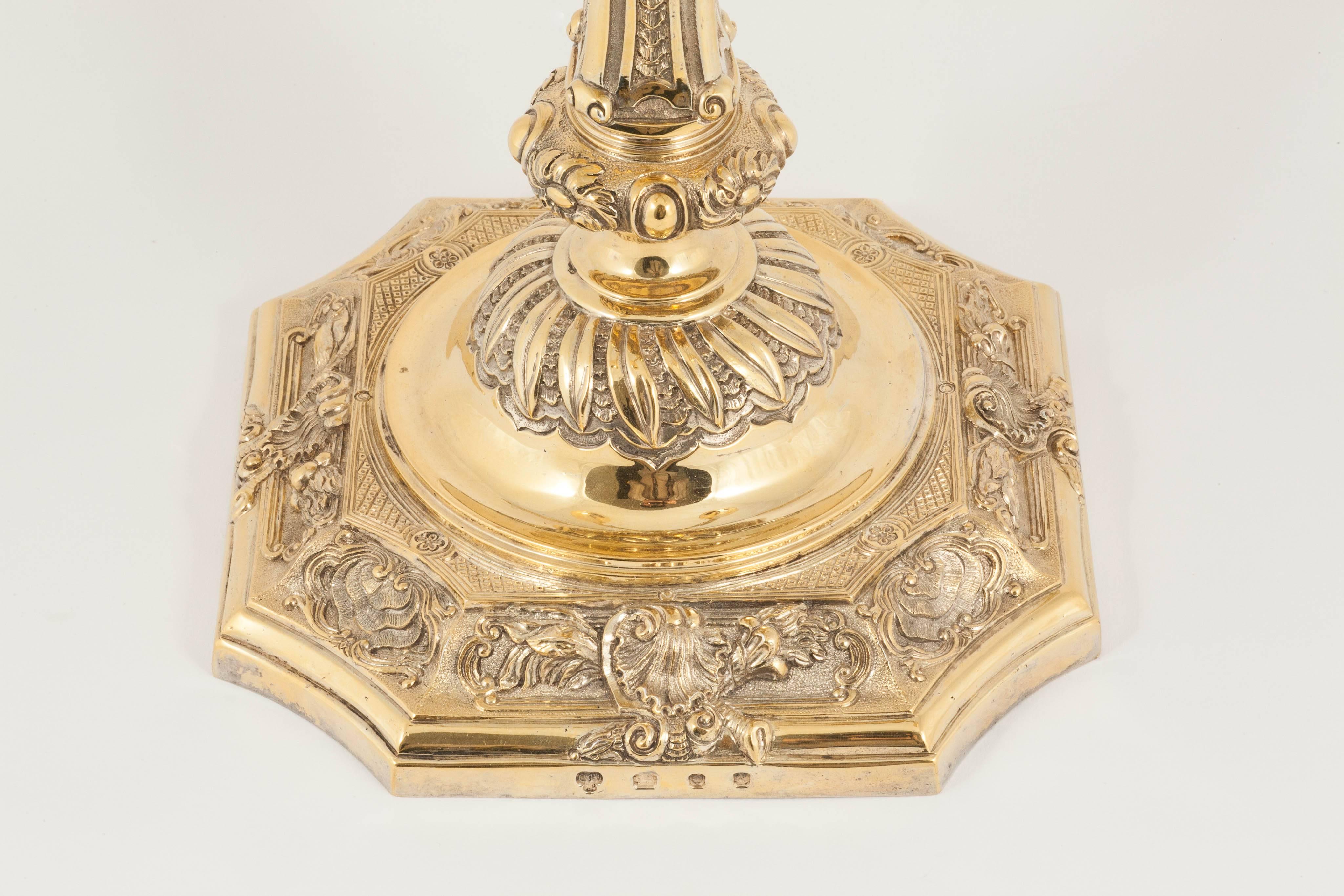 A stunning quality five light candelabrum made in the style of candelabra by the great Huguenot silversmith Paul de Lamerie. This design is known as Swaythling and each piece is heavily cast in sterling silver with incredibly fine detail. The arms