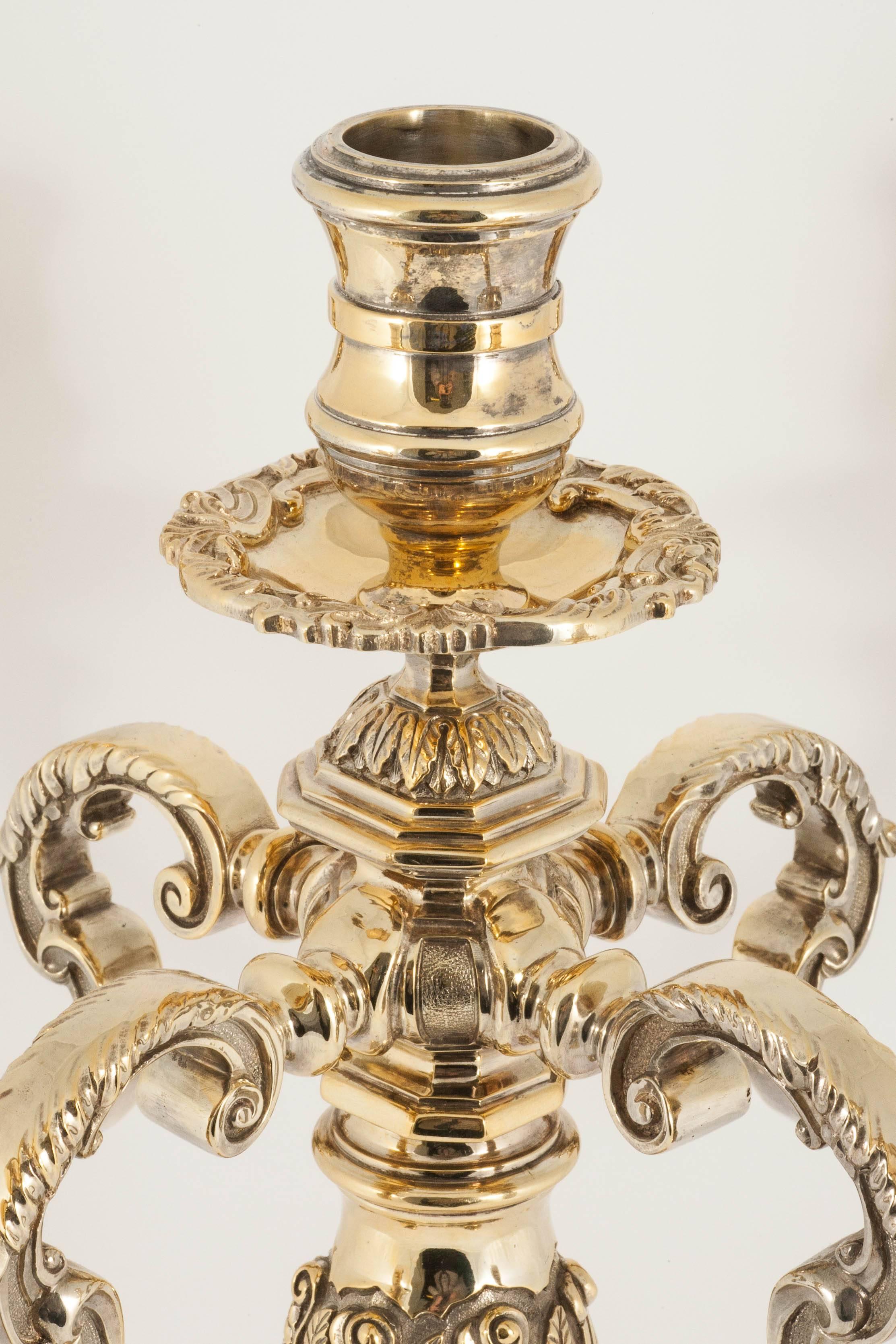 English Silver-gilt 5-light candelabrum For Sale