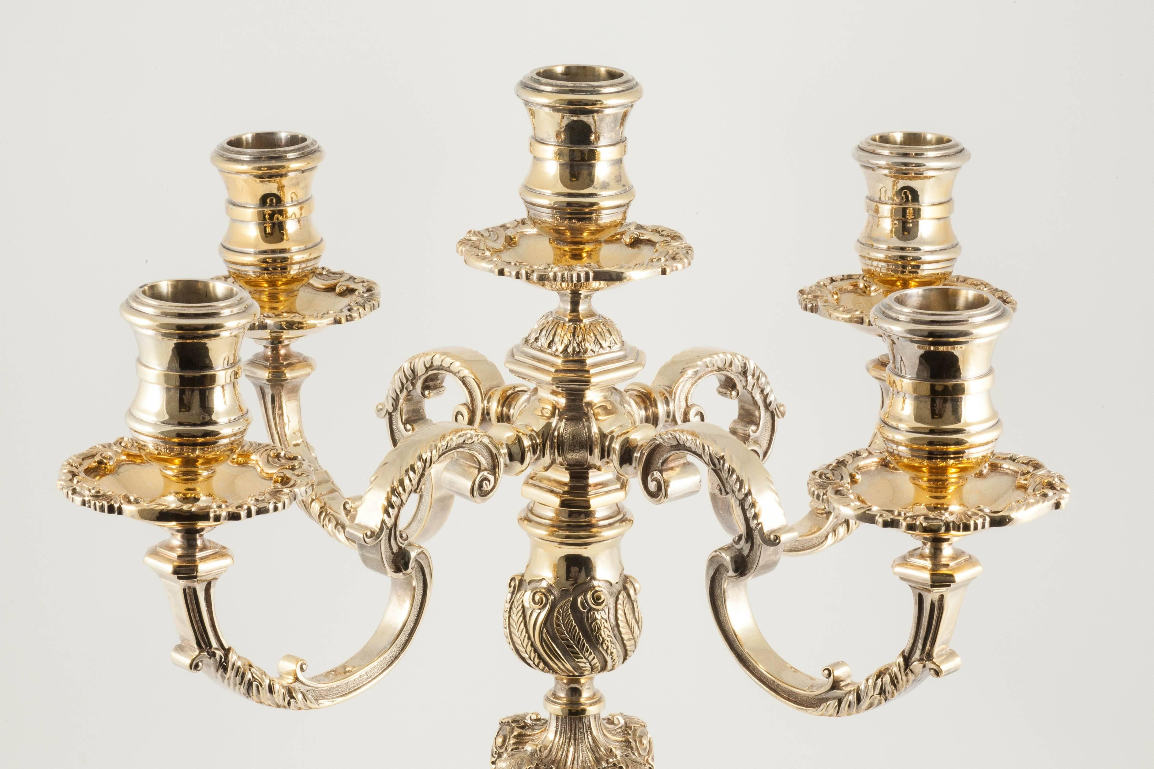 Cast Silver-gilt 5-light candelabrum For Sale