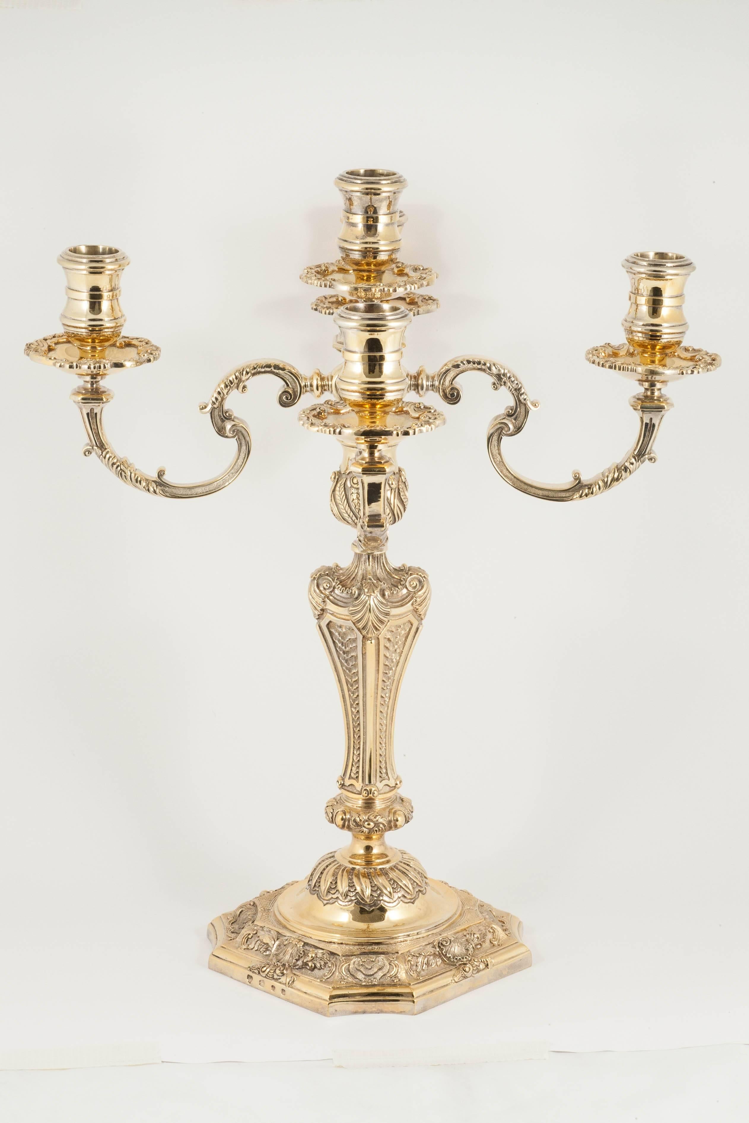 Silver-gilt 5-light candelabrum In Excellent Condition For Sale In London, GB