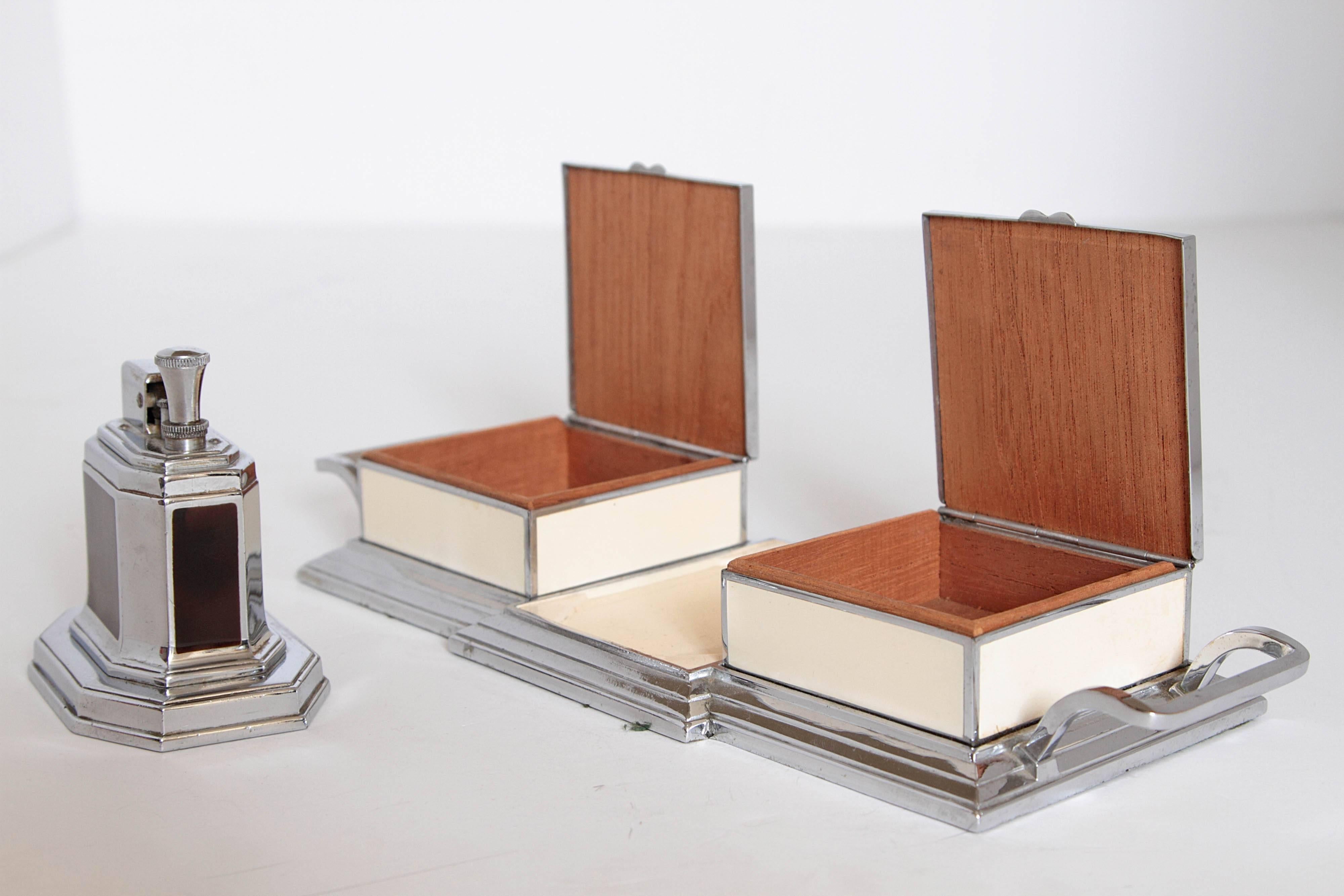 Mid-20th Century Trio Ronson Machine Age Cigarette Box or Lighter Combos Art Deco Smokerama