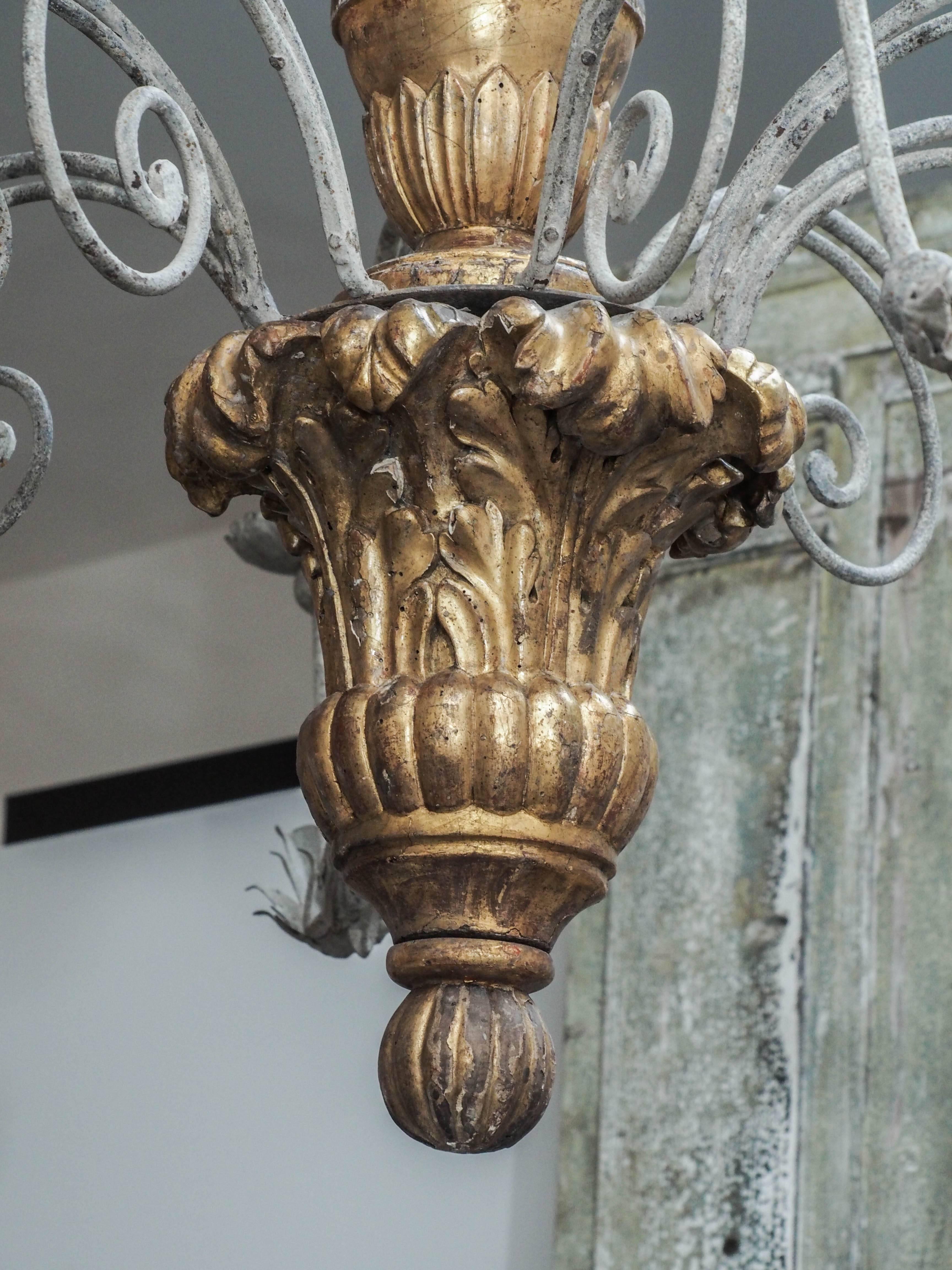 Neoclassical Elegant and Grand Giltwood with Wrought Iron Chandelier For Sale