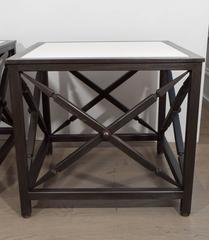 Pair of Contemporary Neoclassical Metal Side Tables with Inset Limestone Tops