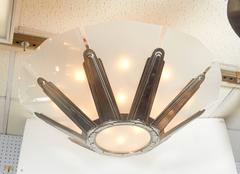 Large French Art Deco Starburst Chandelier, Frosted Glass and Nickeled Bronze