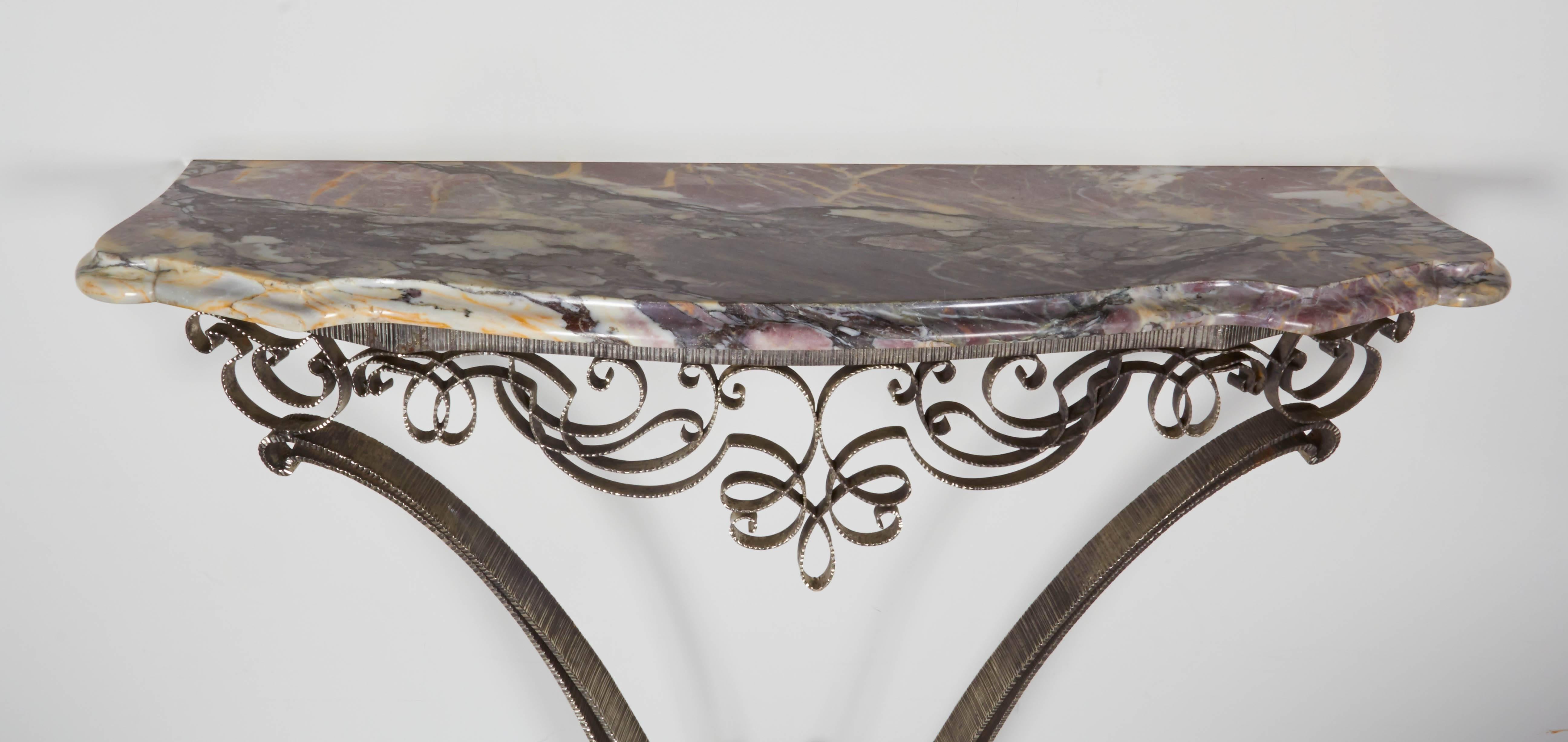 Mid-20th Century Fine French Art Deco Iron and Brass Console with Marble Top Poillerat