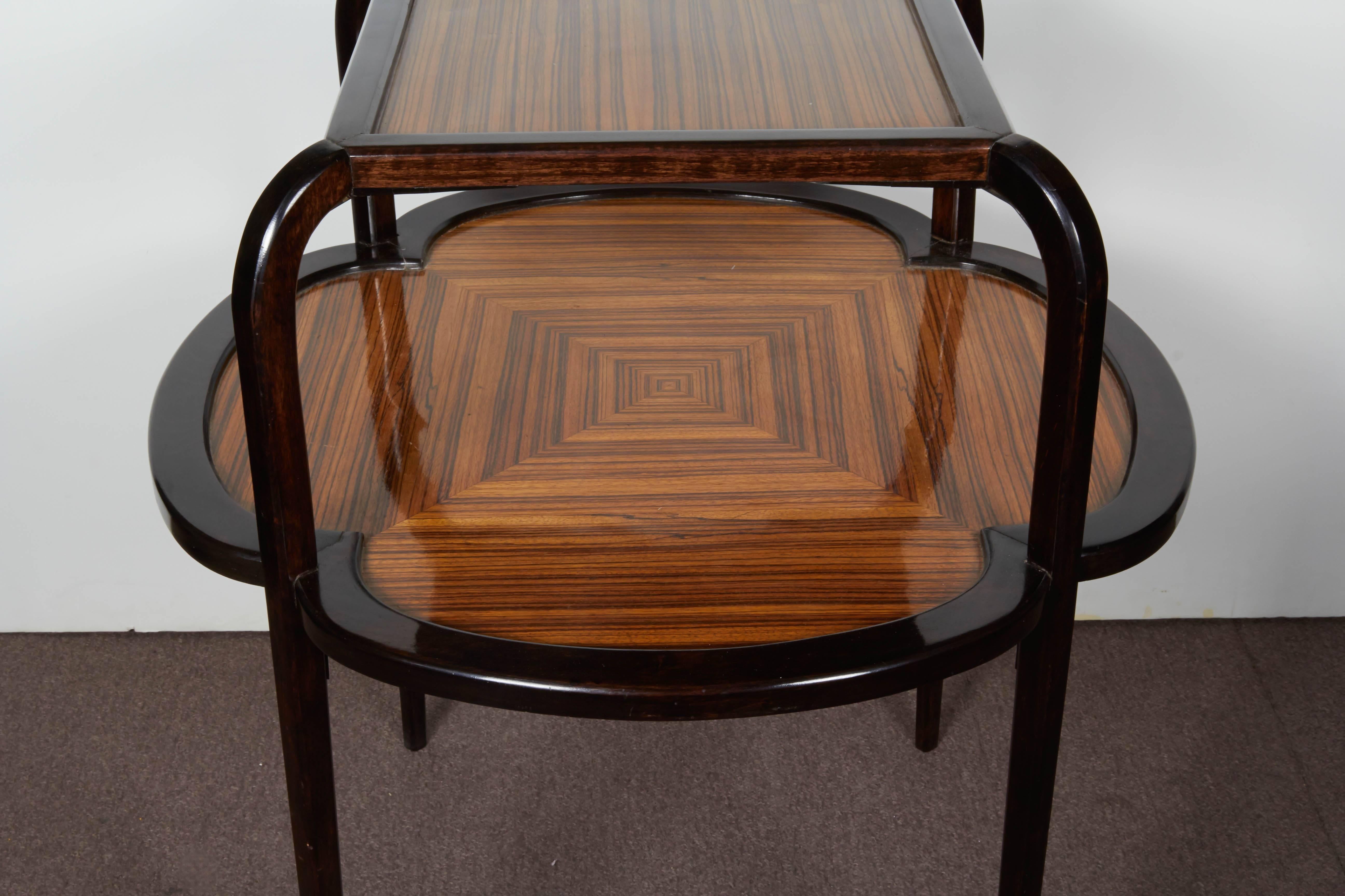 Parquetry Elegant French Zebrawood Table a Dessert, Maurice Dufrène For Sale