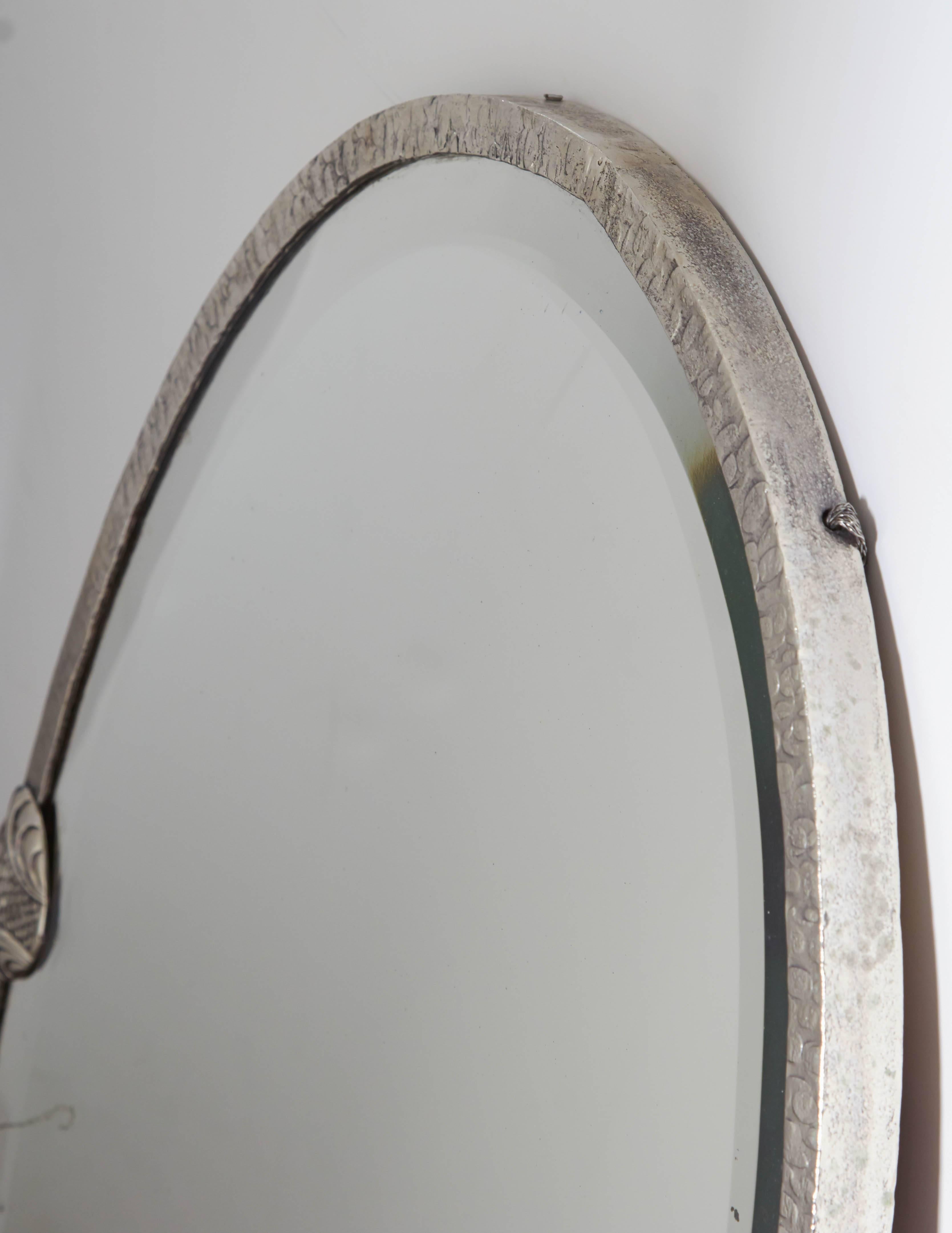 French Art Deco Hand Hammered, Nickeled Iron Mirror with Beveled Inset In Excellent Condition In New York City, NY