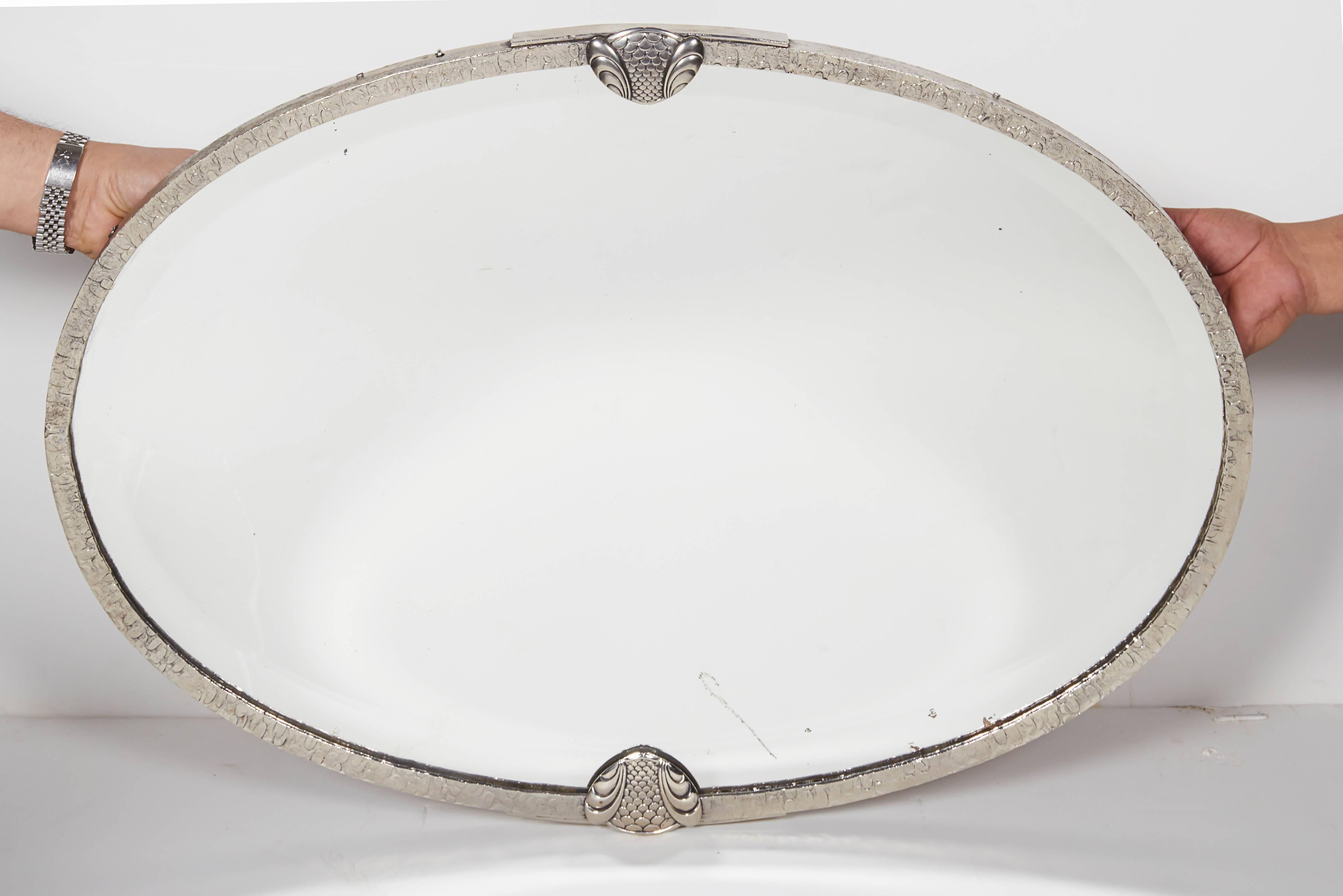 French Art Deco Hand Hammered, Nickeled Iron Mirror with Beveled Inset 1