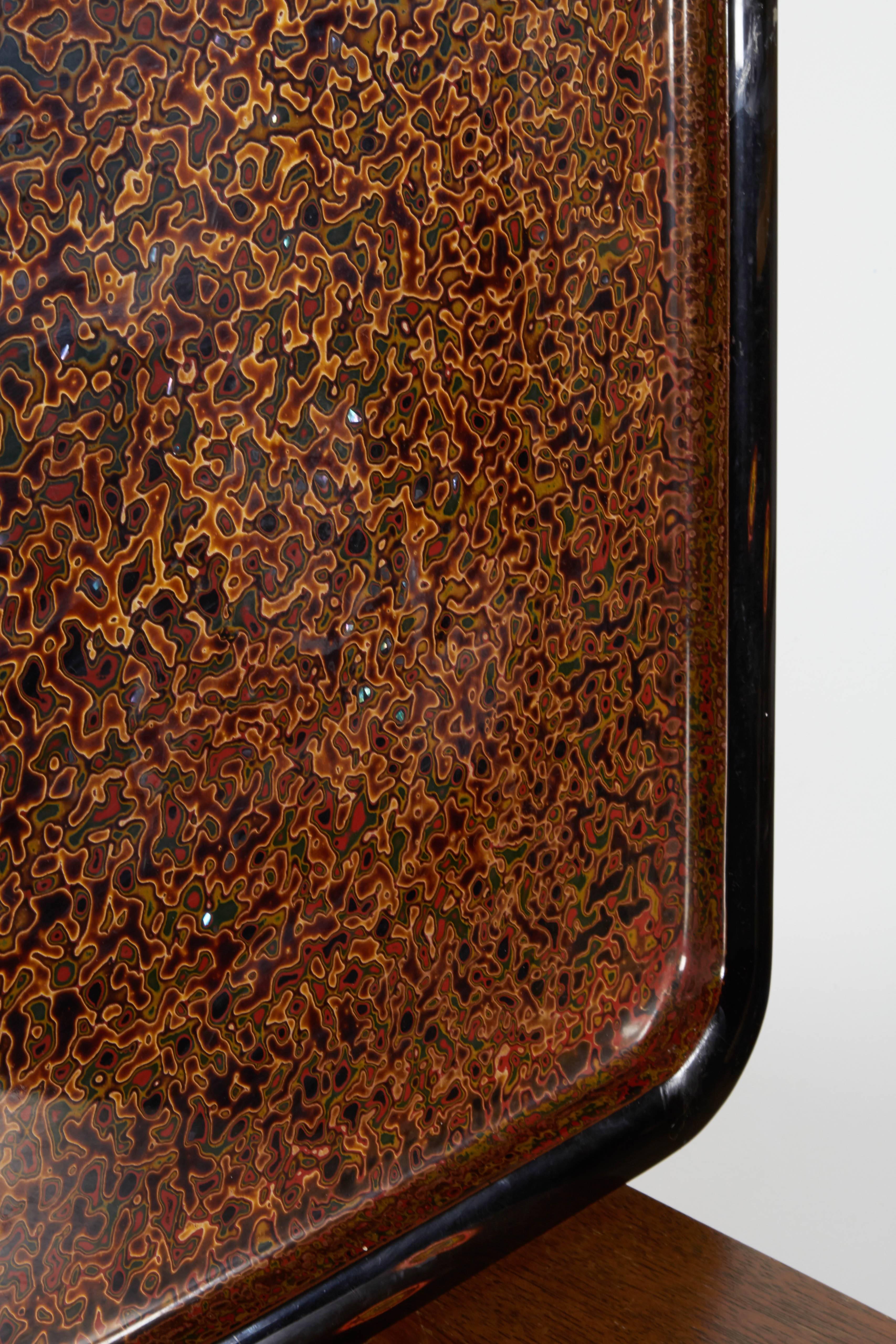 Japanese Wakasa lacquer tray. Features layers of lacquer on a wood base that are meticulously polished away to resemble the shimmering beauty of the sea floor. Beautiful condition.