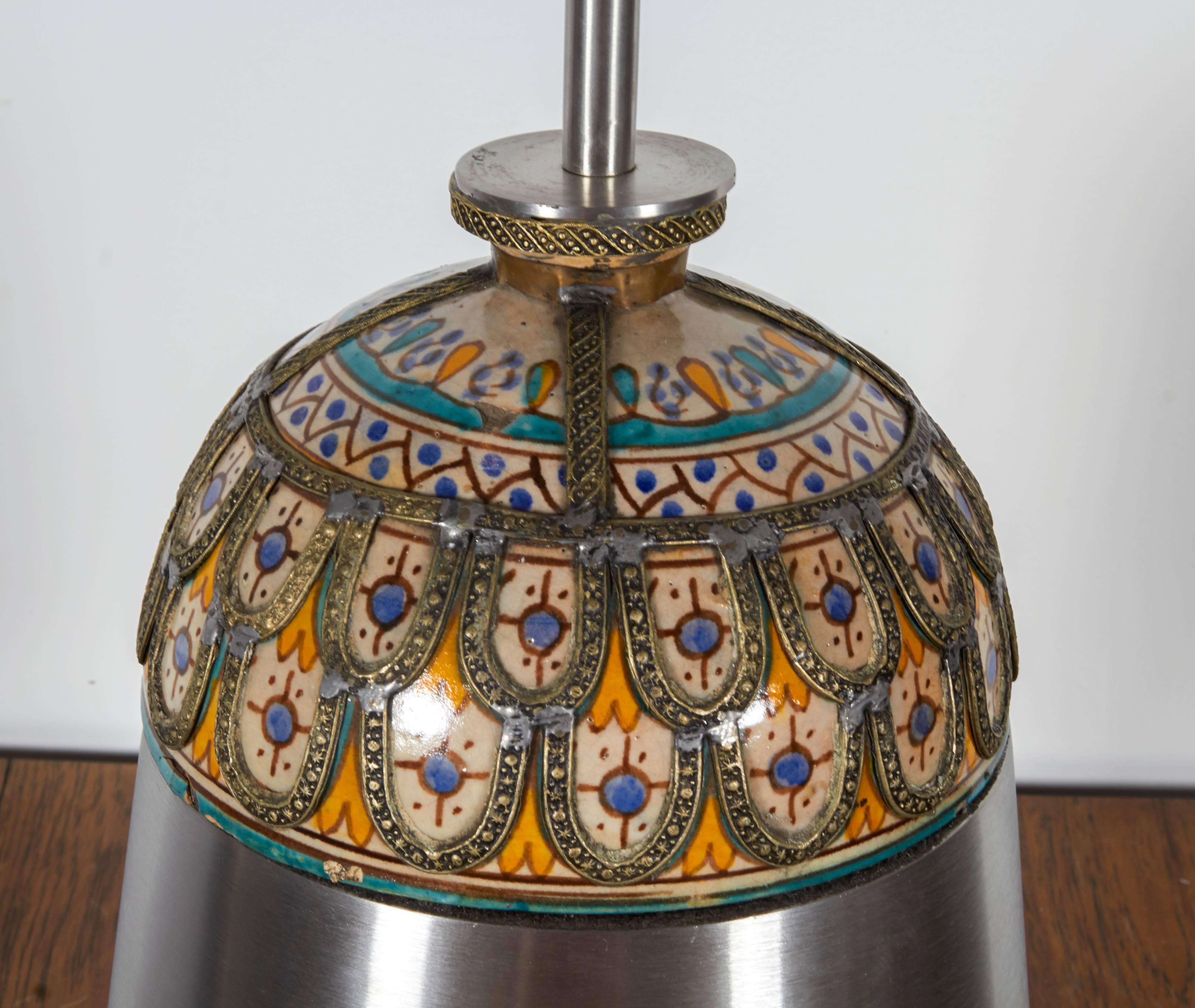 Pair of Unusual Moroccan Ceramic and Brushed Chrome Table Lamps In Excellent Condition In New York, NY