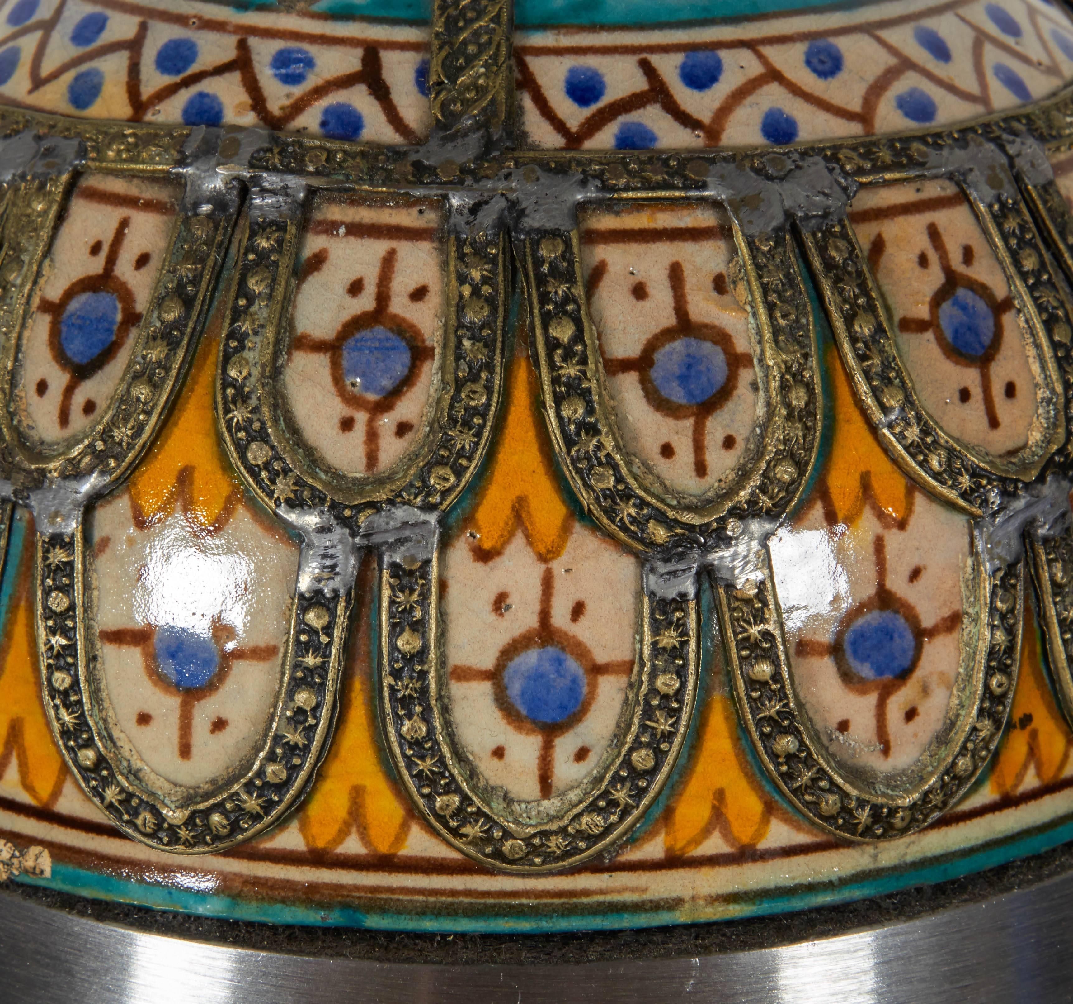 Late 20th Century Pair of Unusual Moroccan Ceramic and Brushed Chrome Table Lamps