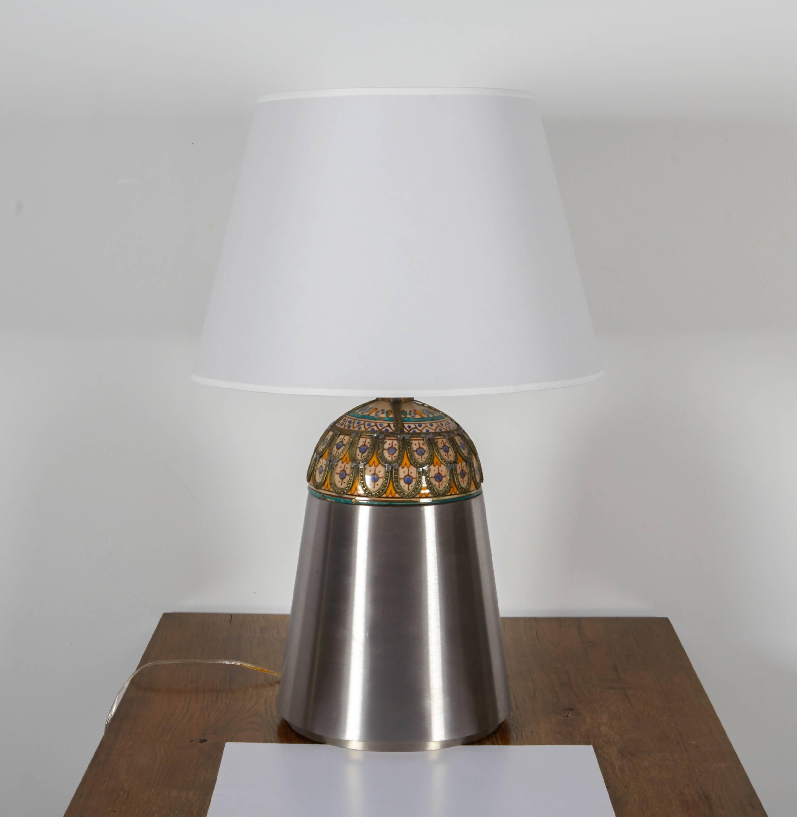 Pair of Unusual Moroccan Ceramic and Brushed Chrome Table Lamps 2
