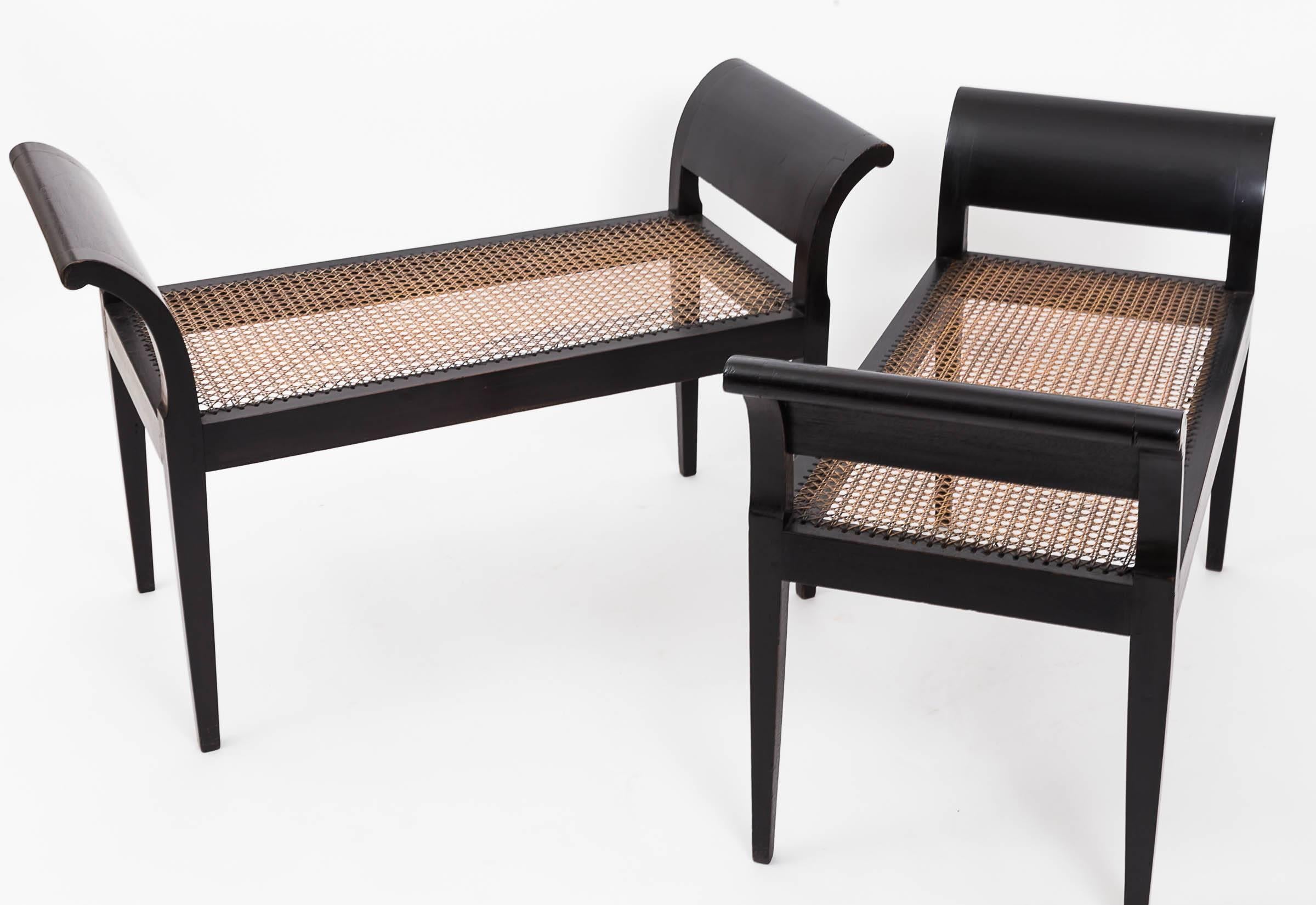 Linen Pair of 19th Century Ebonized Mahogany Benches, England, circa 1840