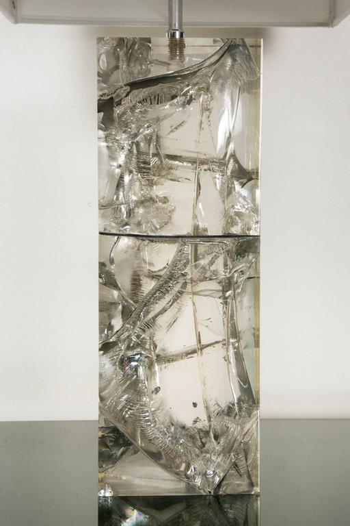 Fractal resin table lamp by Marie-Claude de Fouquières
circa 1970
Crackled resin in perfect condition
Wild silk lampshade

Resin base dimensions (without socket): H. 11 in. x W. 4 in. x D. 4 in. (28 x 10 x 10 cm)