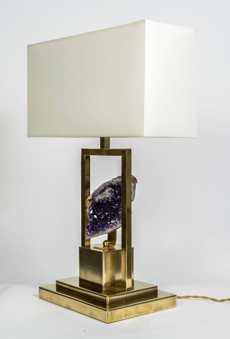 French Small and Elegant Pair of Amethyst and Brass Lamps