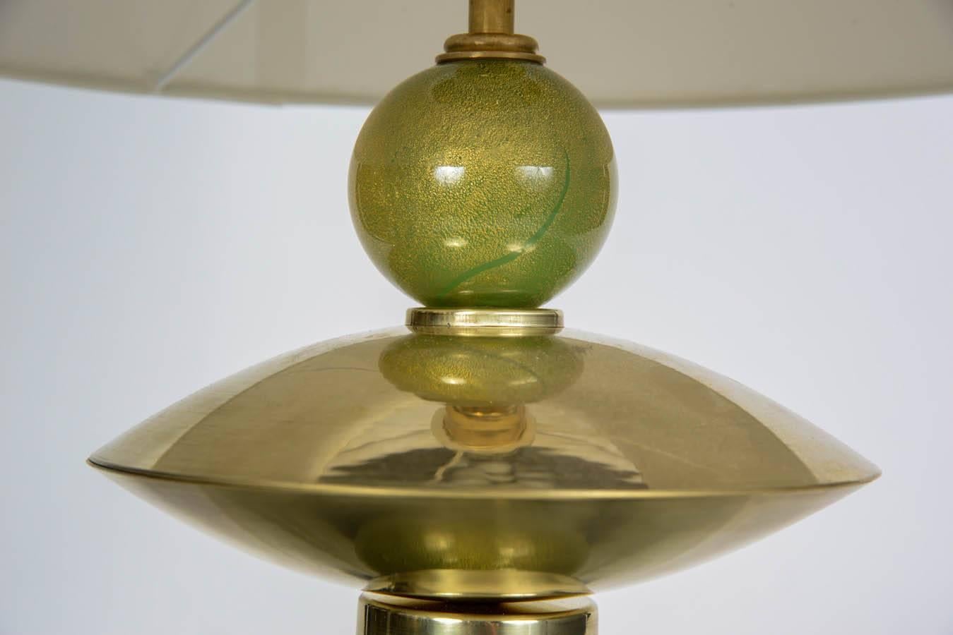 Late 20th Century Green Murano Glass and Brass Pair of Lamps